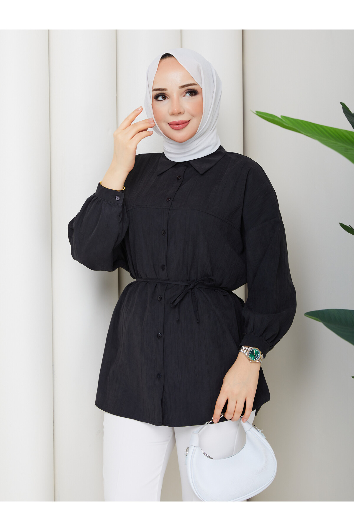 ÇİLEK BELDEN İPLİ GÖMLEK - SİYAH