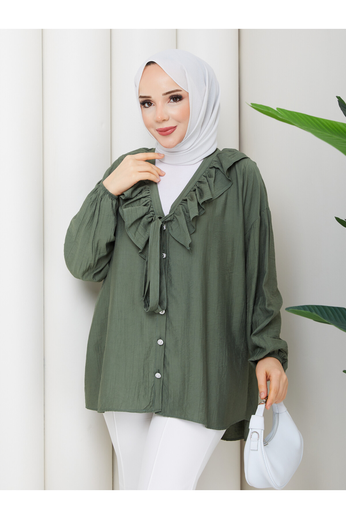 ÇİLEK FIRFIRLI DÜĞMELİ GÖMLEK - HAKİ