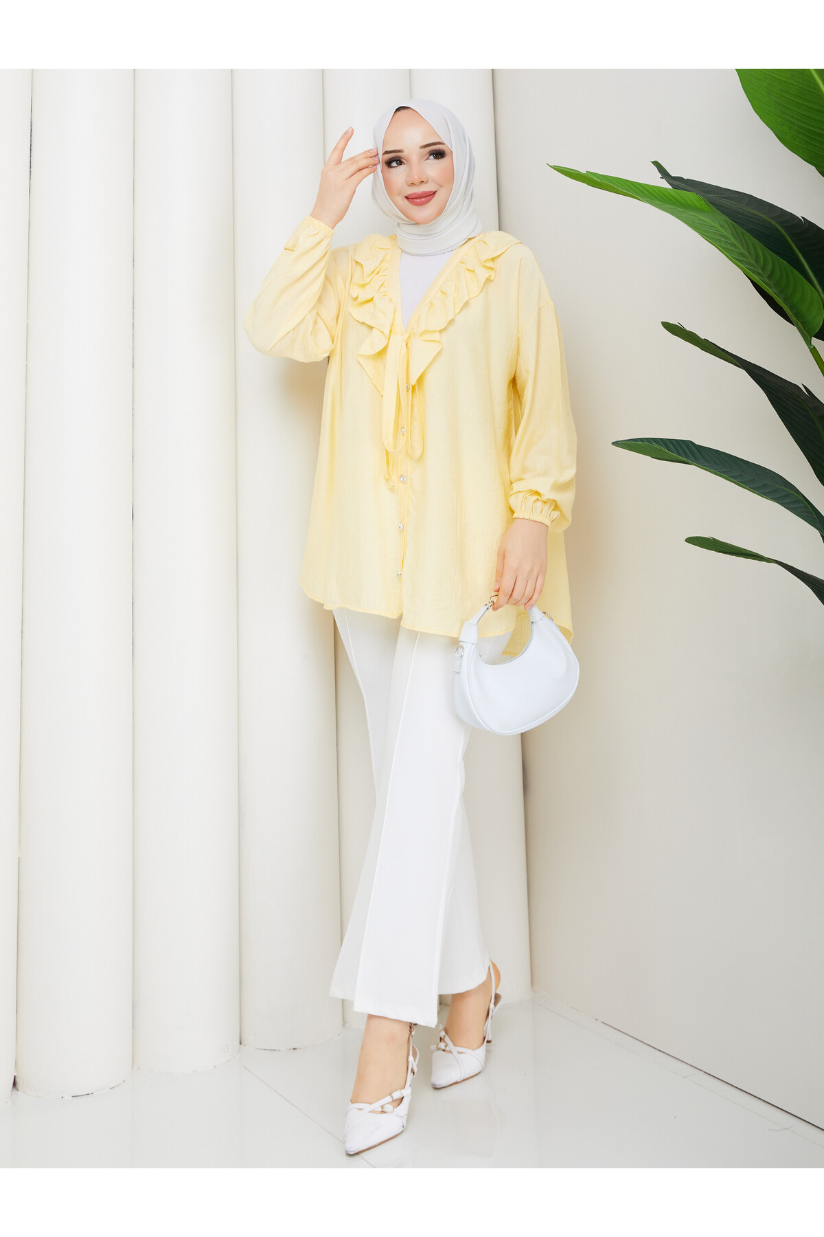 ÇİLEK FIRFIRLI DÜĞMELİ GÖMLEK KOMBİN - SARI