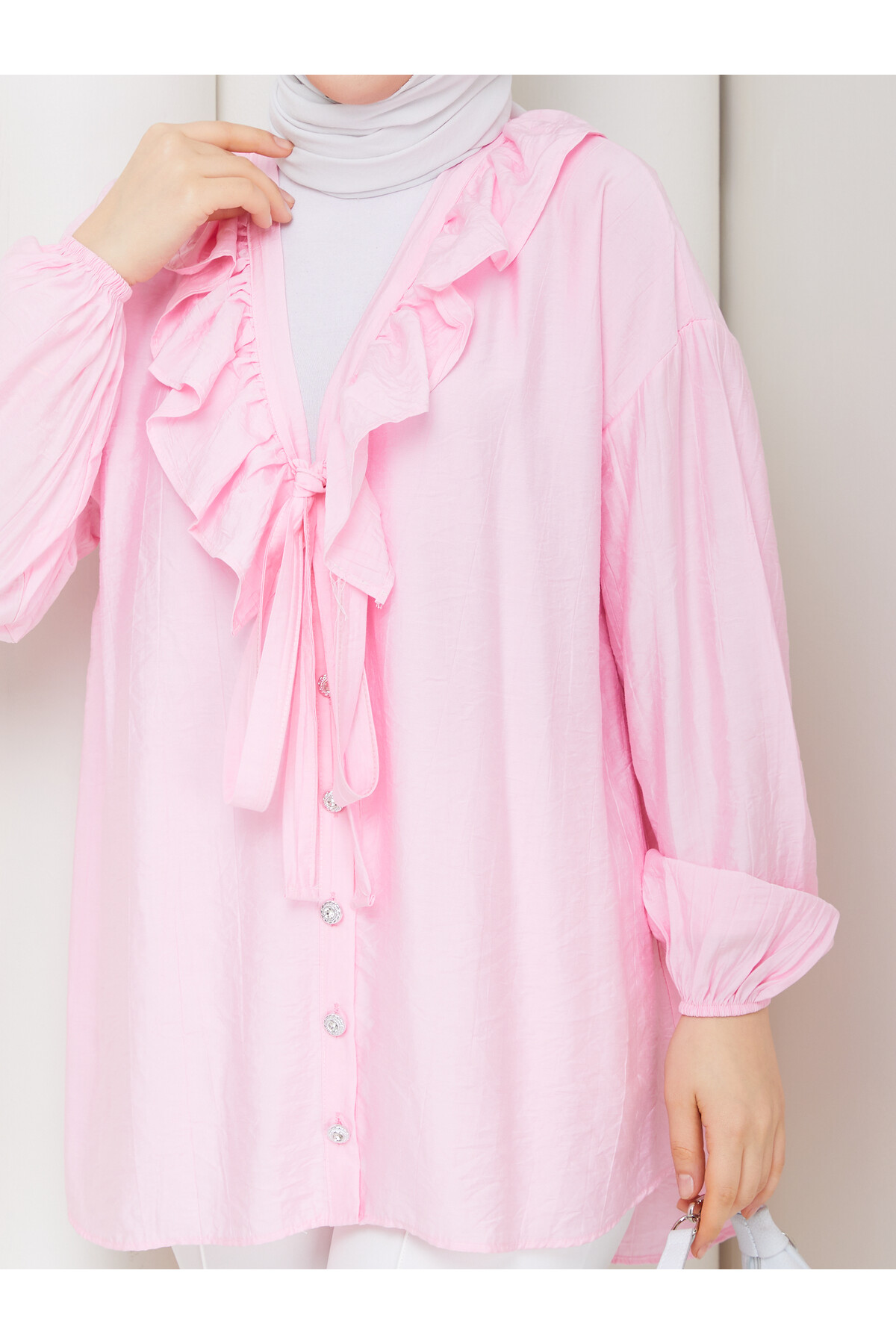 ÇİLEK FIRFIRLI DÜĞMELİ GÖMLEK - TOZ PEMBE