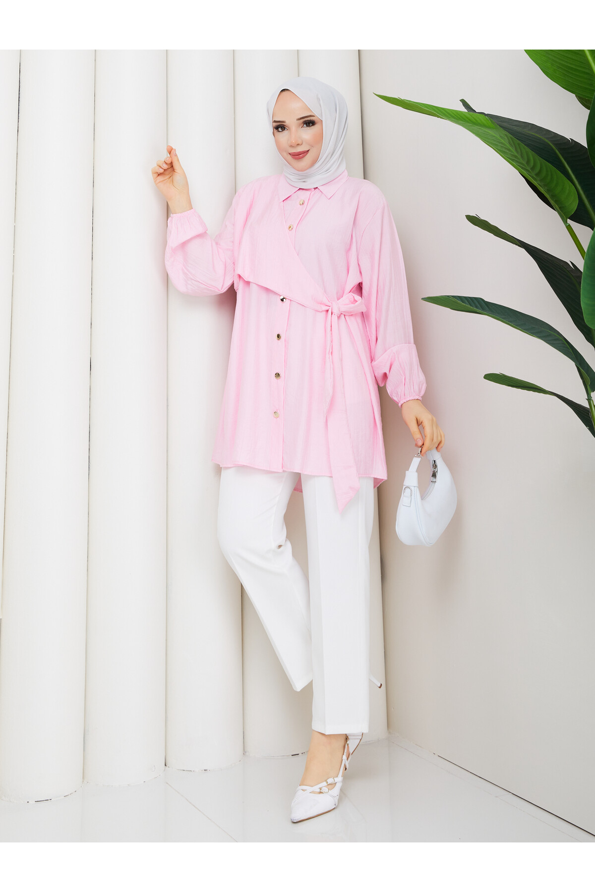 ÇİLEK YAN BAĞLAMALI GÖMLEK KOMBİN - TOZ PEMBE