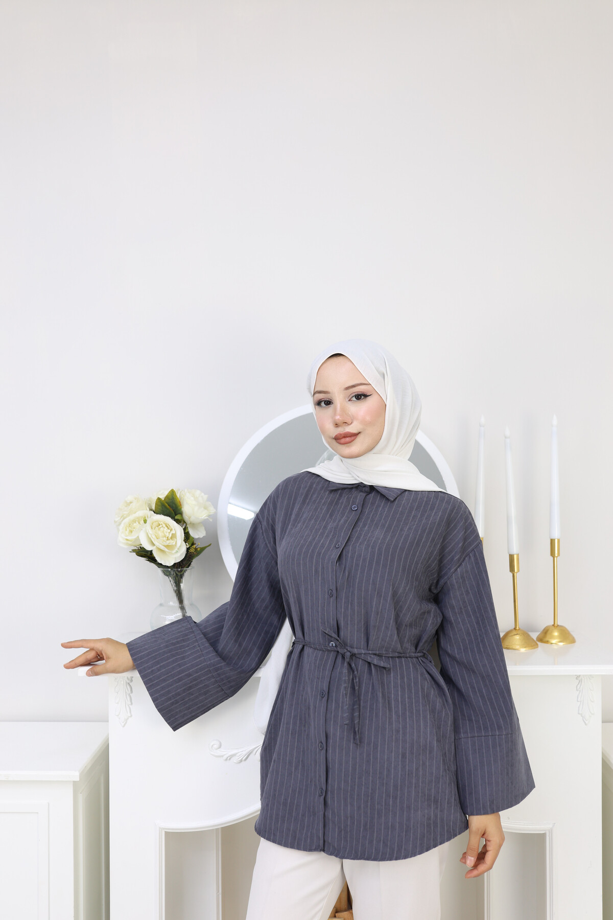 ÇİZGİLİ SÜET GÖMLEK - ANTRASİT