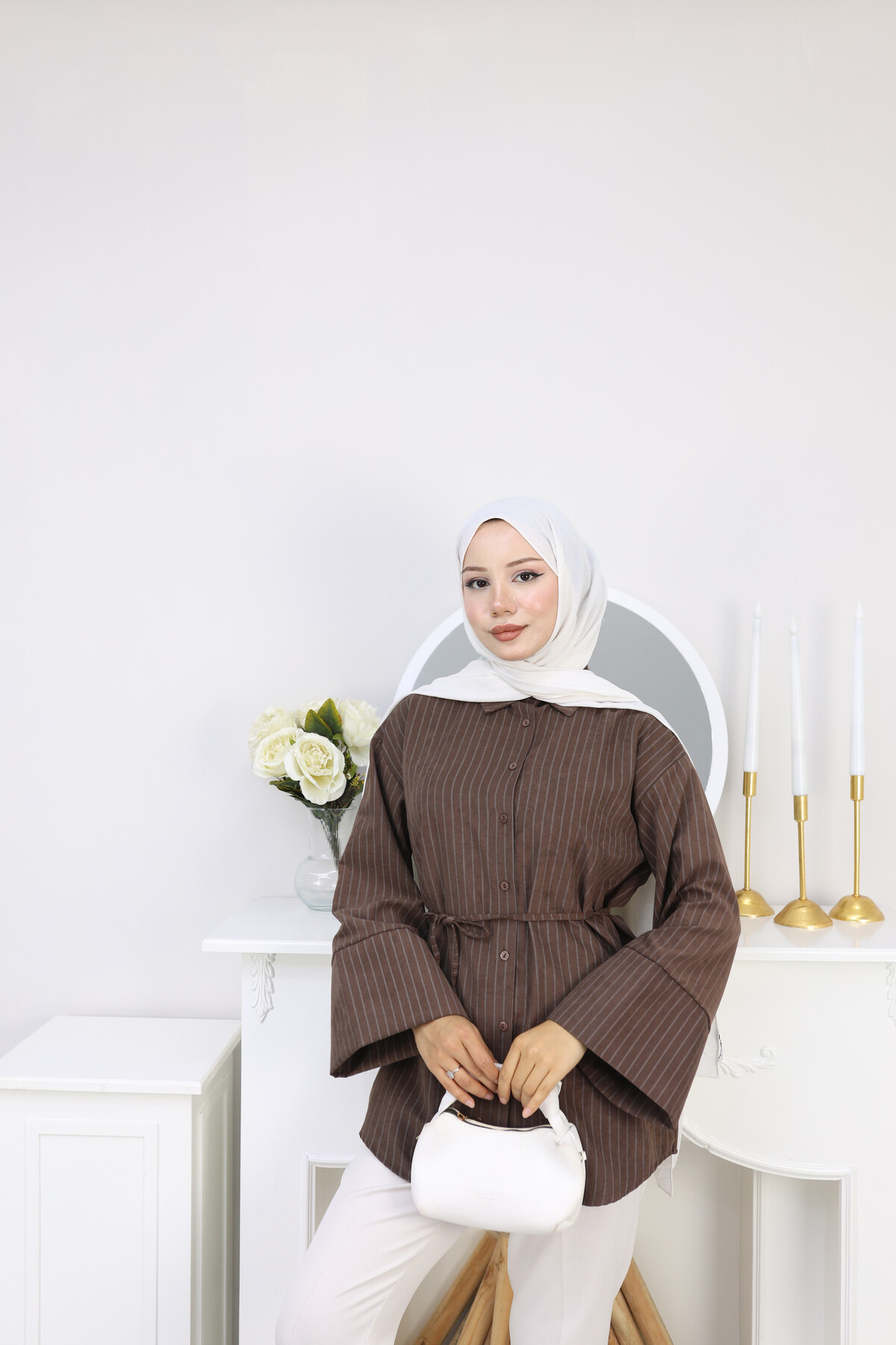 ÇİZGİLİ SÜET GÖMLEK - KAHVERENGİ