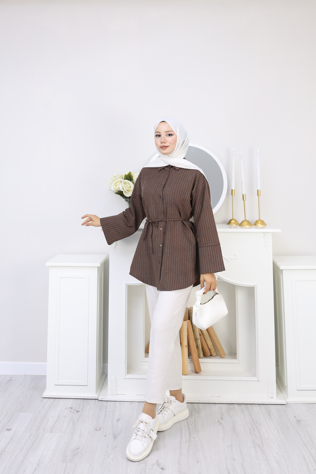 ÇİZGİLİ SÜET GÖMLEK - KAHVERENGİ