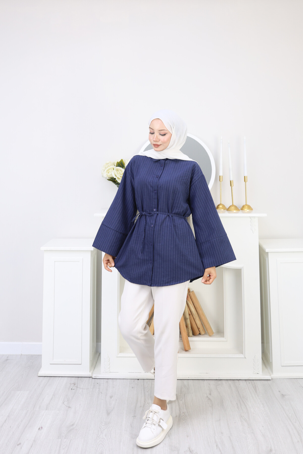 ÇİZGİLİ SÜET GÖMLEK - LACİVERT