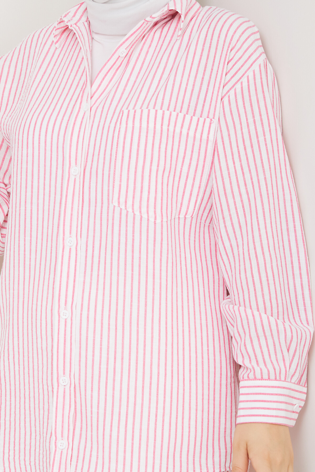 ÇİZGİLİ TEK CEP GÖMLEK-PEMBE