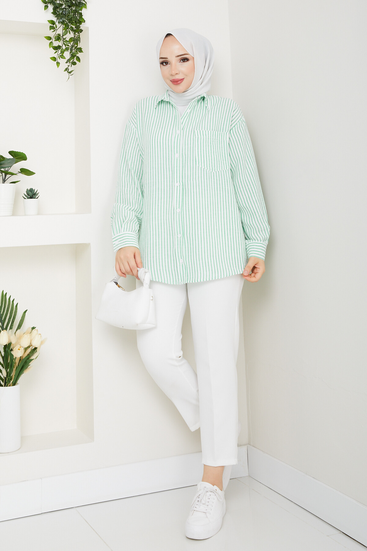 ÇİZGİLİ TEK CEP GÖMLEK-YEŞİL