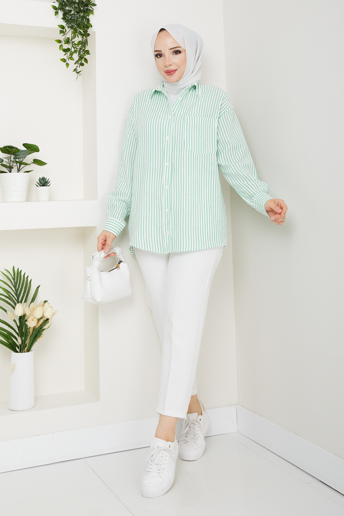 ÇİZGİLİ TEK CEP GÖMLEK-YEŞİL