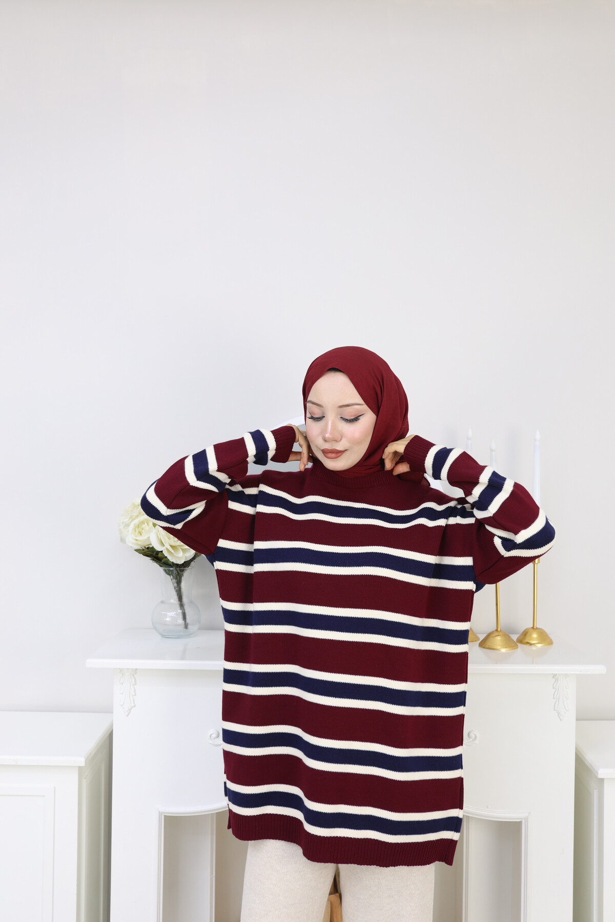 ÇİZGİLİ TRİKO KAZAK -KIRMIZI