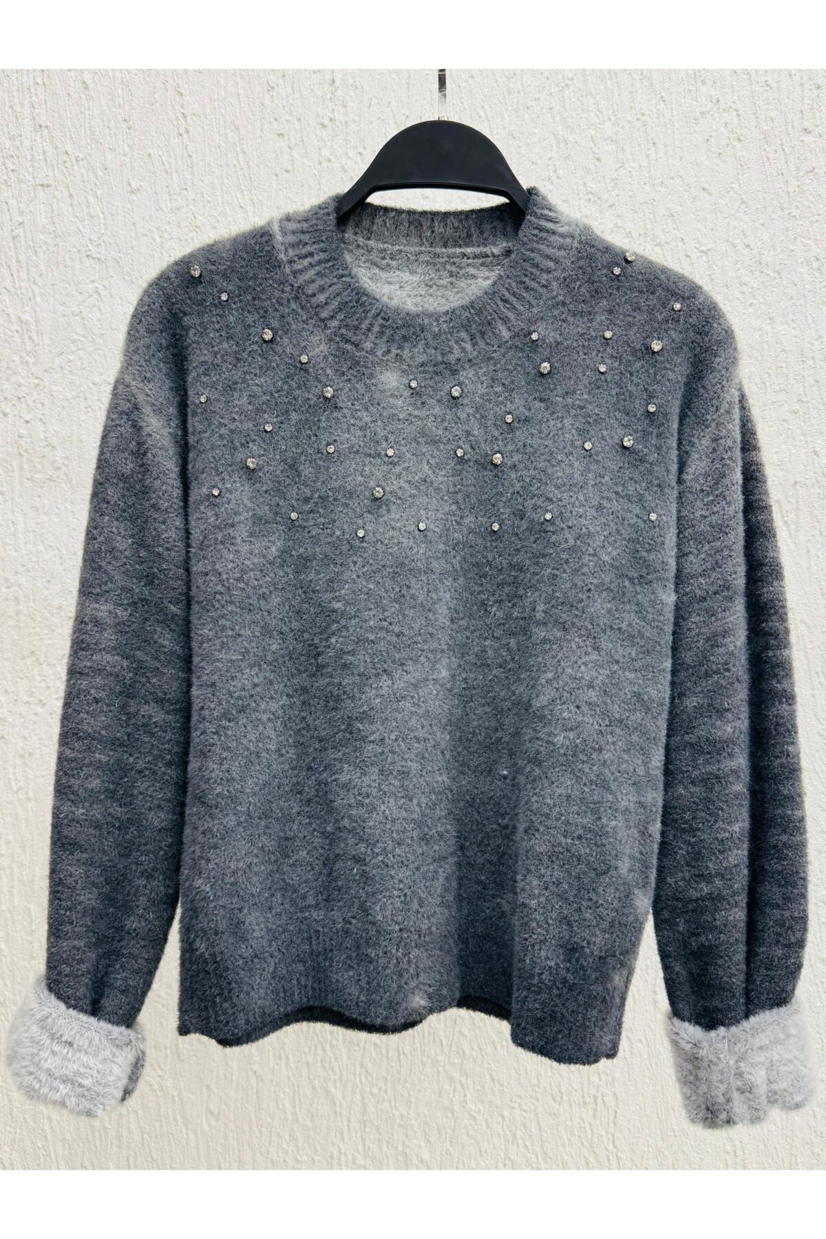 Dağınık Taş Desen Tüy Kazak Antrasit