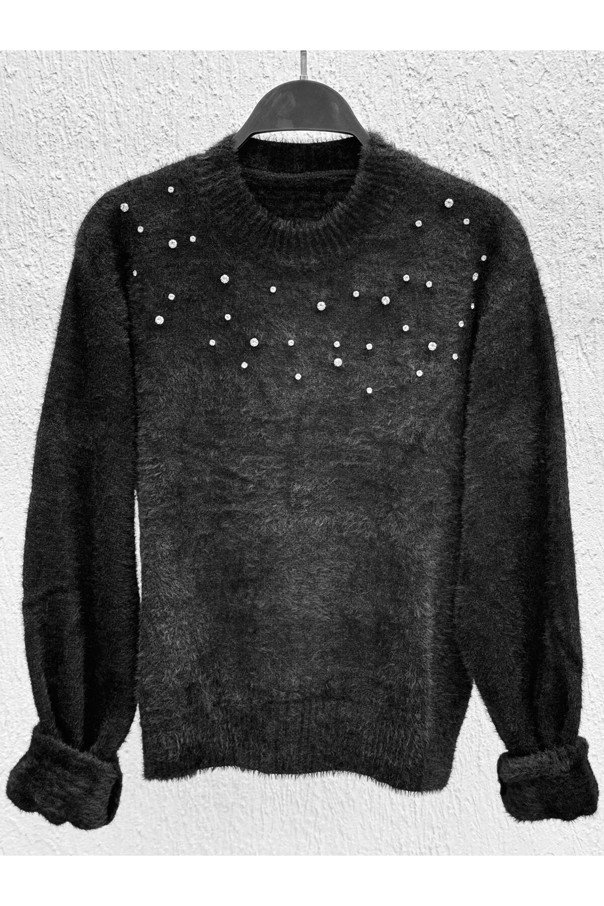 Dağınık Taş Desen Tüy Kazak Siyah