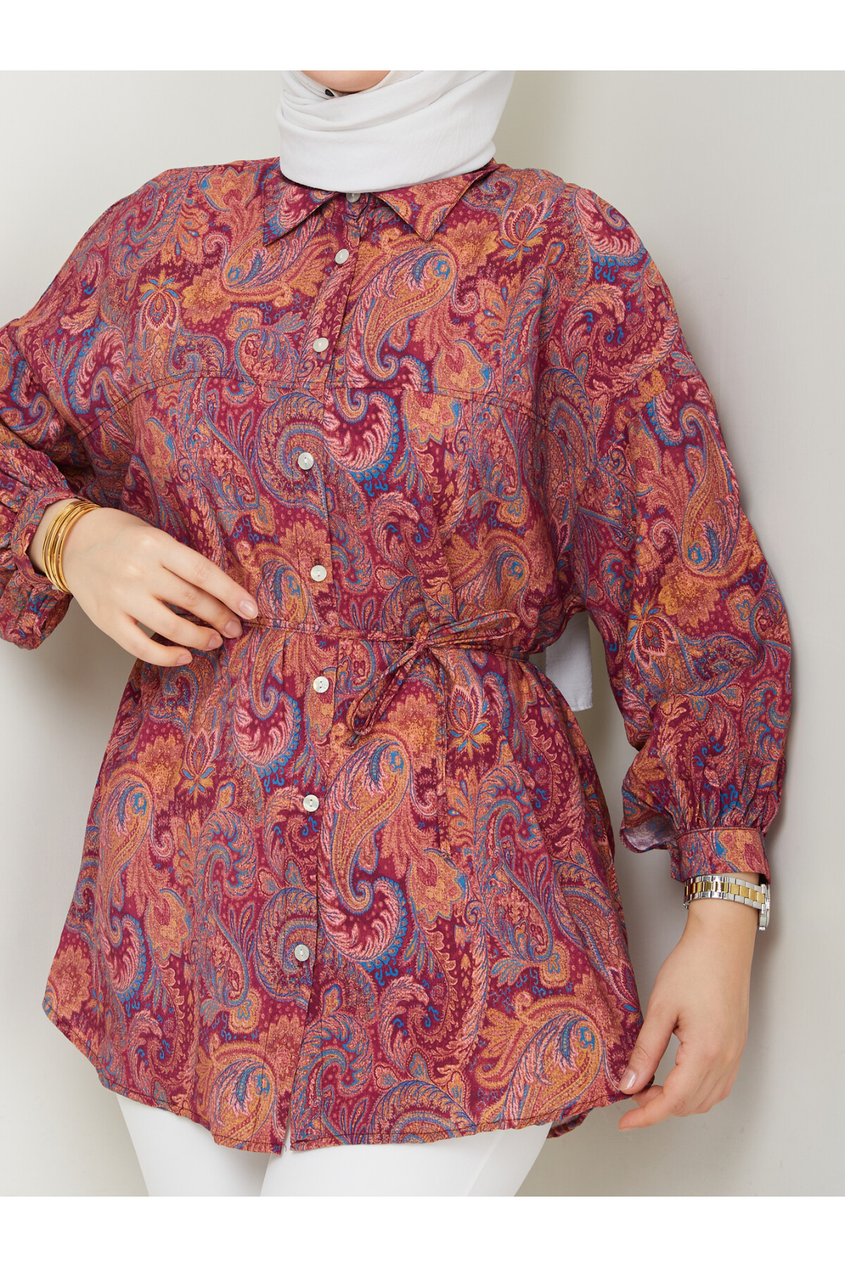 DESENLİ LİLYUM GÖMLEK-BORDO