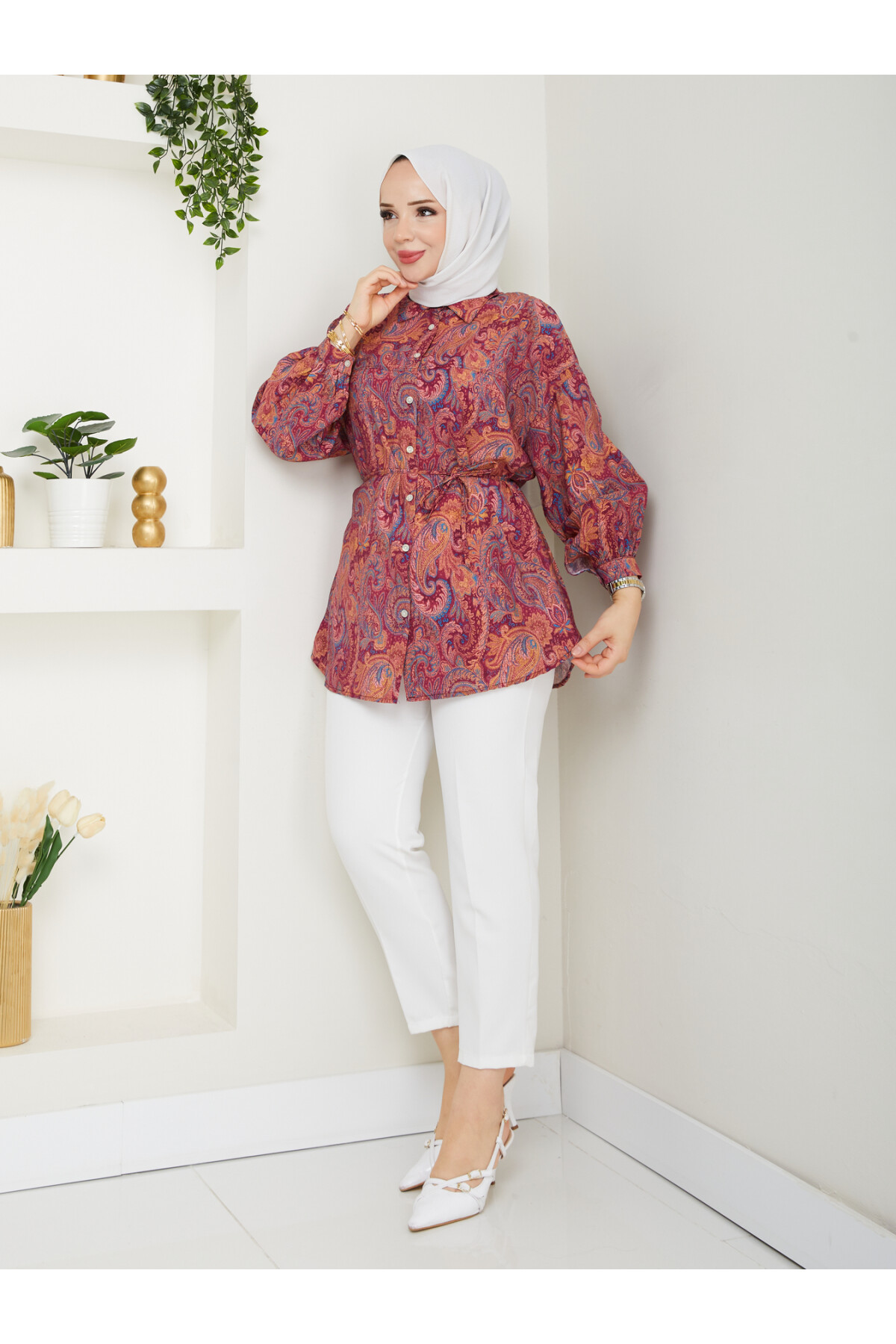 DESENLİ LİLYUM GÖMLEK-BORDO