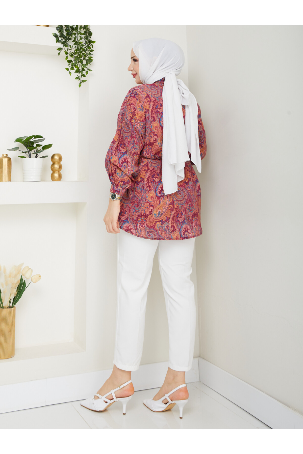 DESENLİ LİLYUM GÖMLEK-BORDO