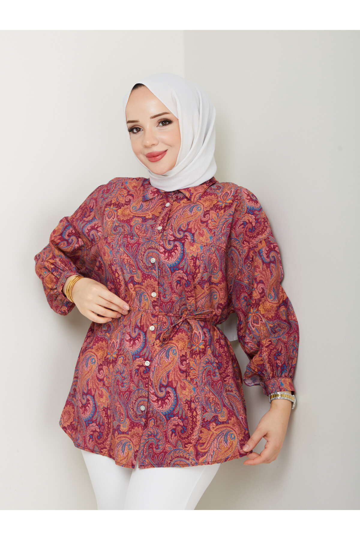 DESENLİ LİLYUM GÖMLEK-BORDO