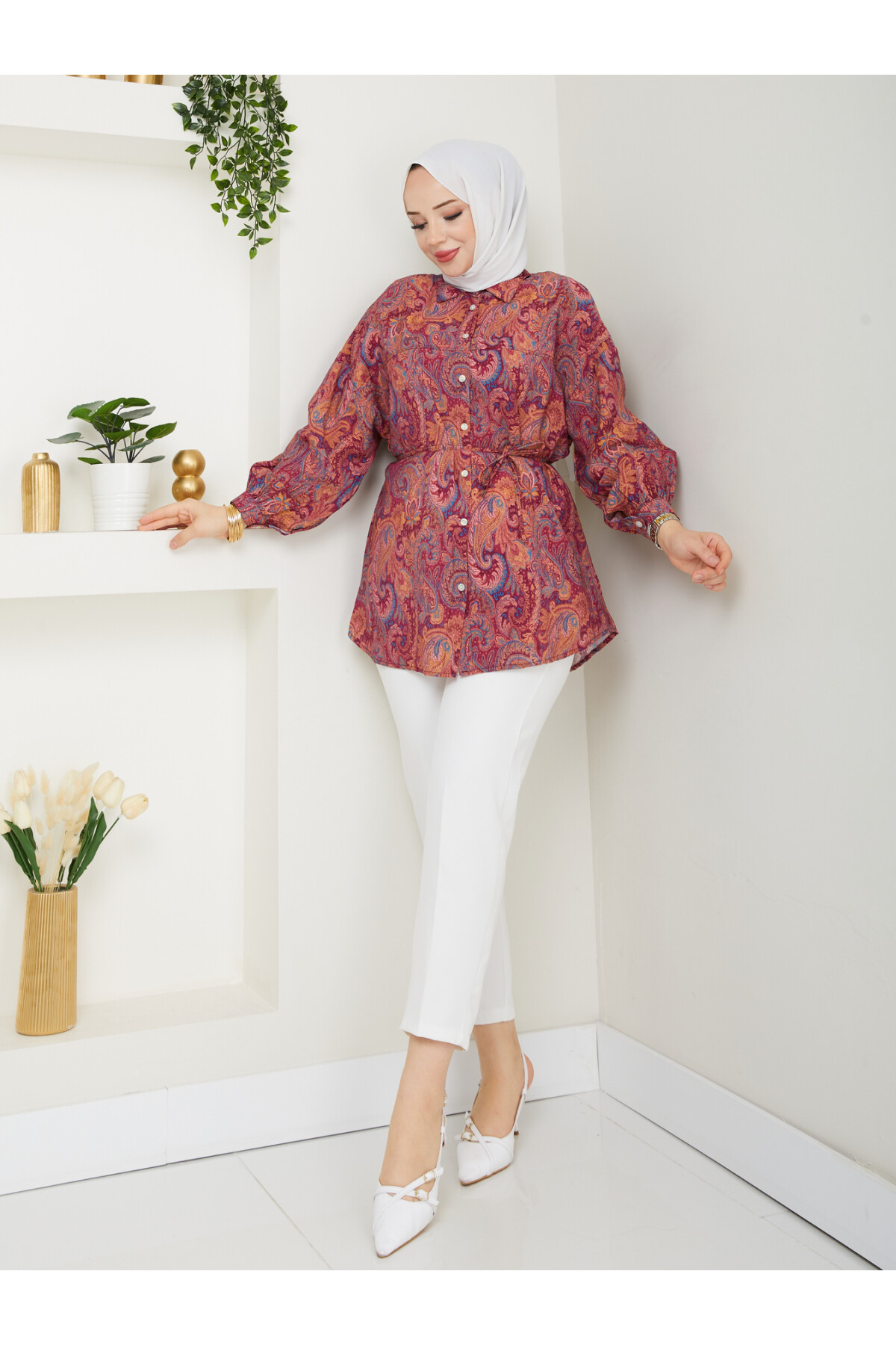 DESENLİ LİLYUM GÖMLEK-BORDO