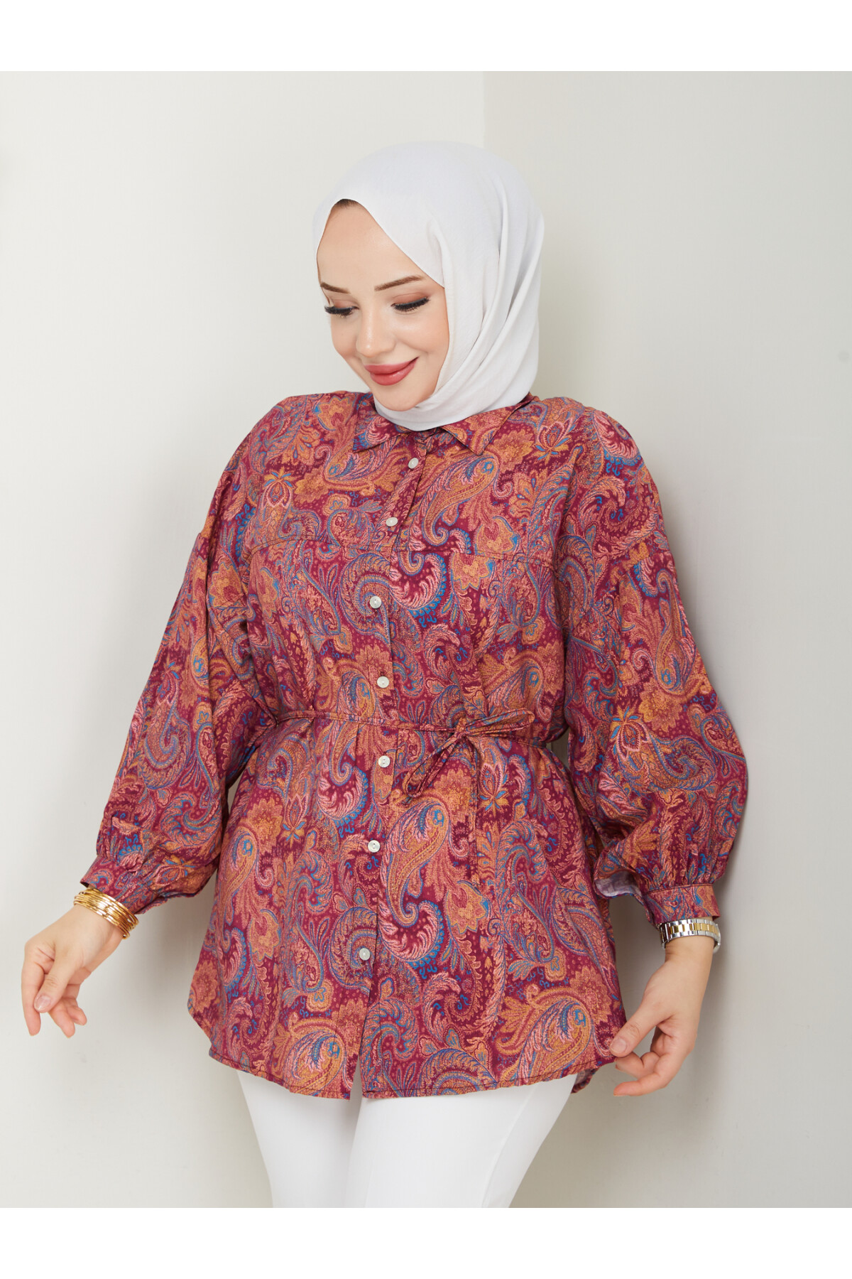 DESENLİ LİLYUM GÖMLEK-BORDO