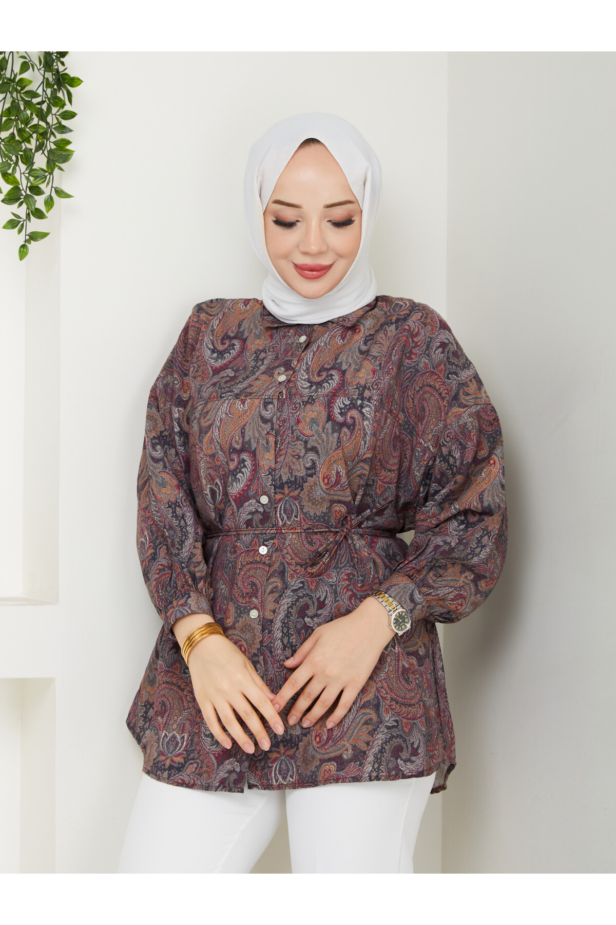 DESENLİ LİLYUM GÖMLEK-KAHVE