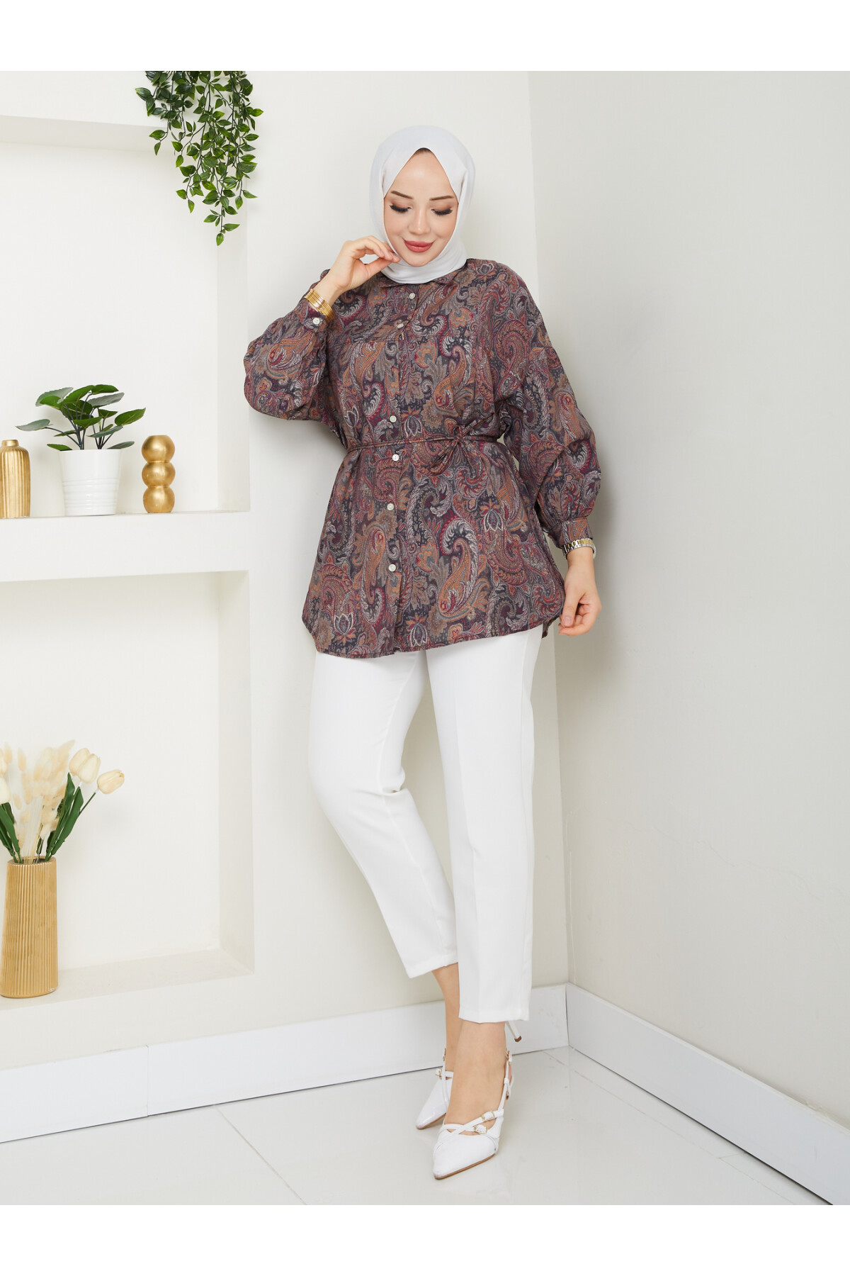 DESENLİ LİLYUM GÖMLEK-KAHVE