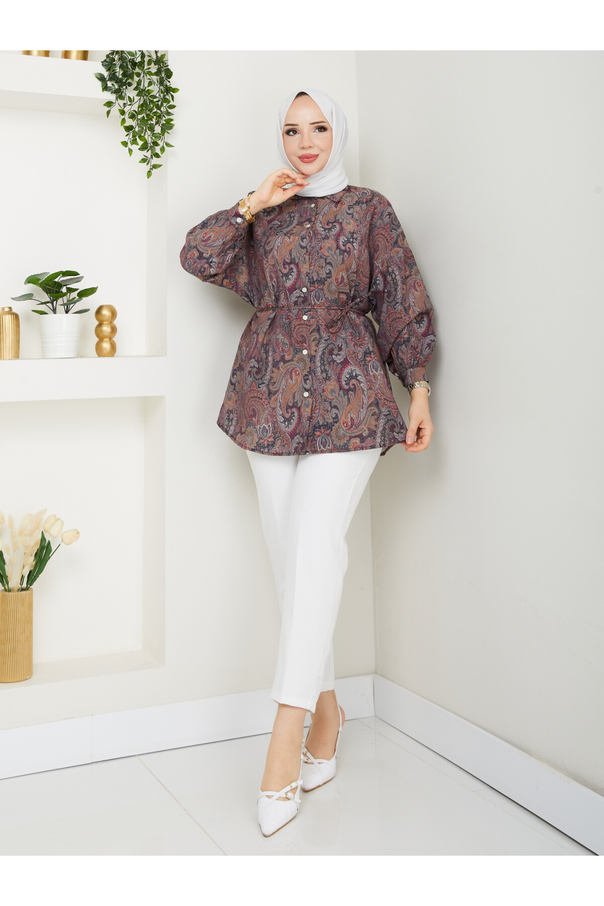 DESENLİ LİLYUM GÖMLEK-KAHVE