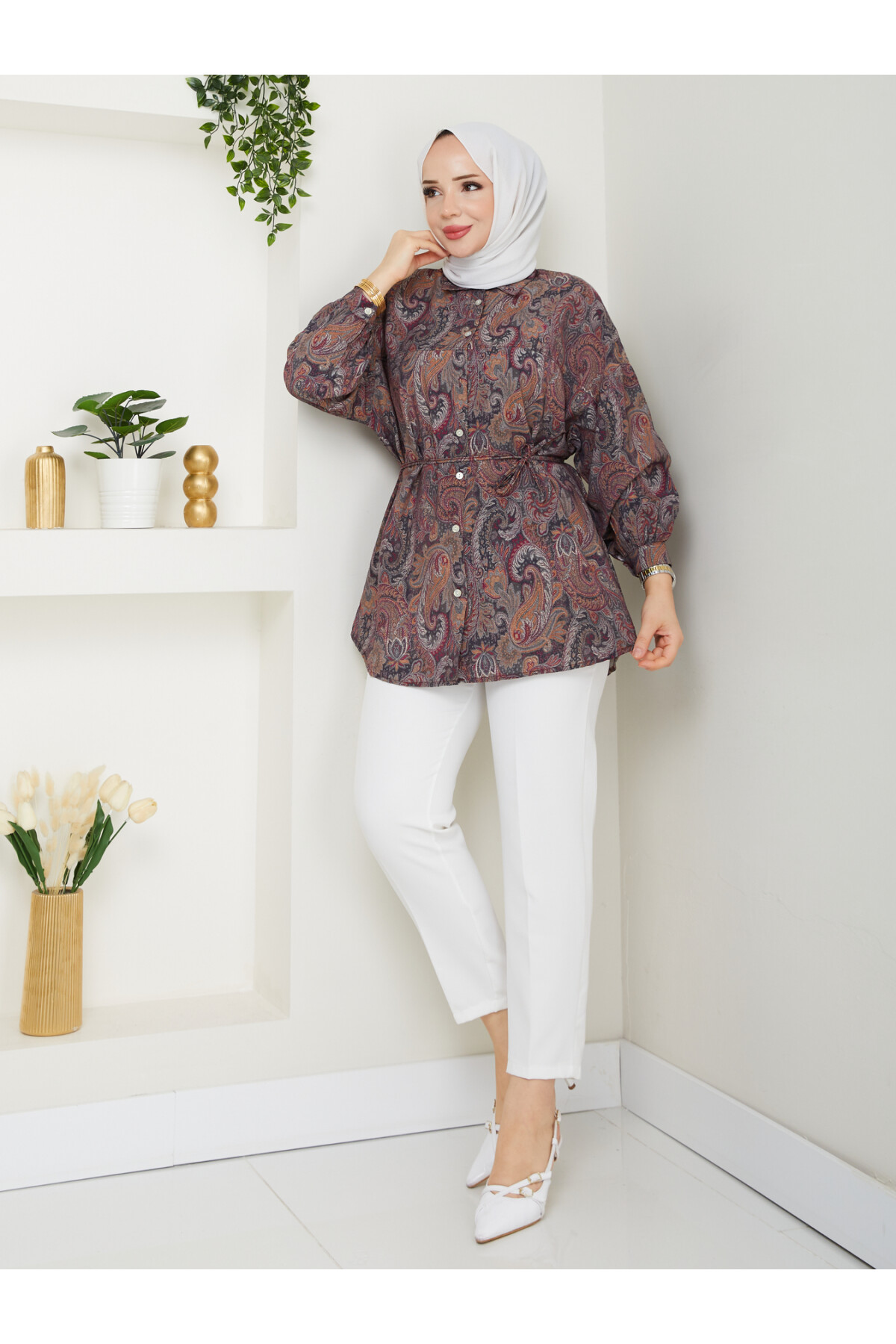 DESENLİ LİLYUM GÖMLEK-KAHVE