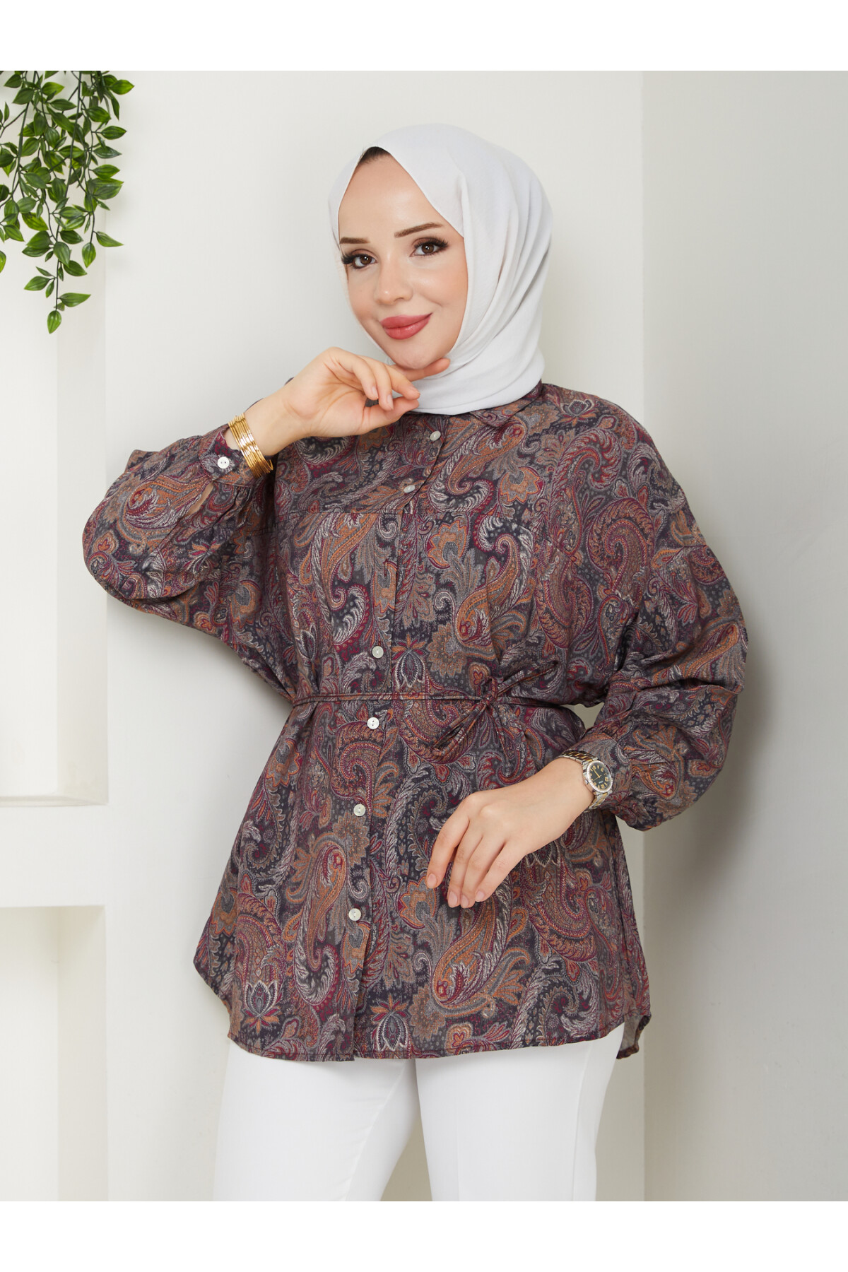 DESENLİ LİLYUM GÖMLEK-KAHVE