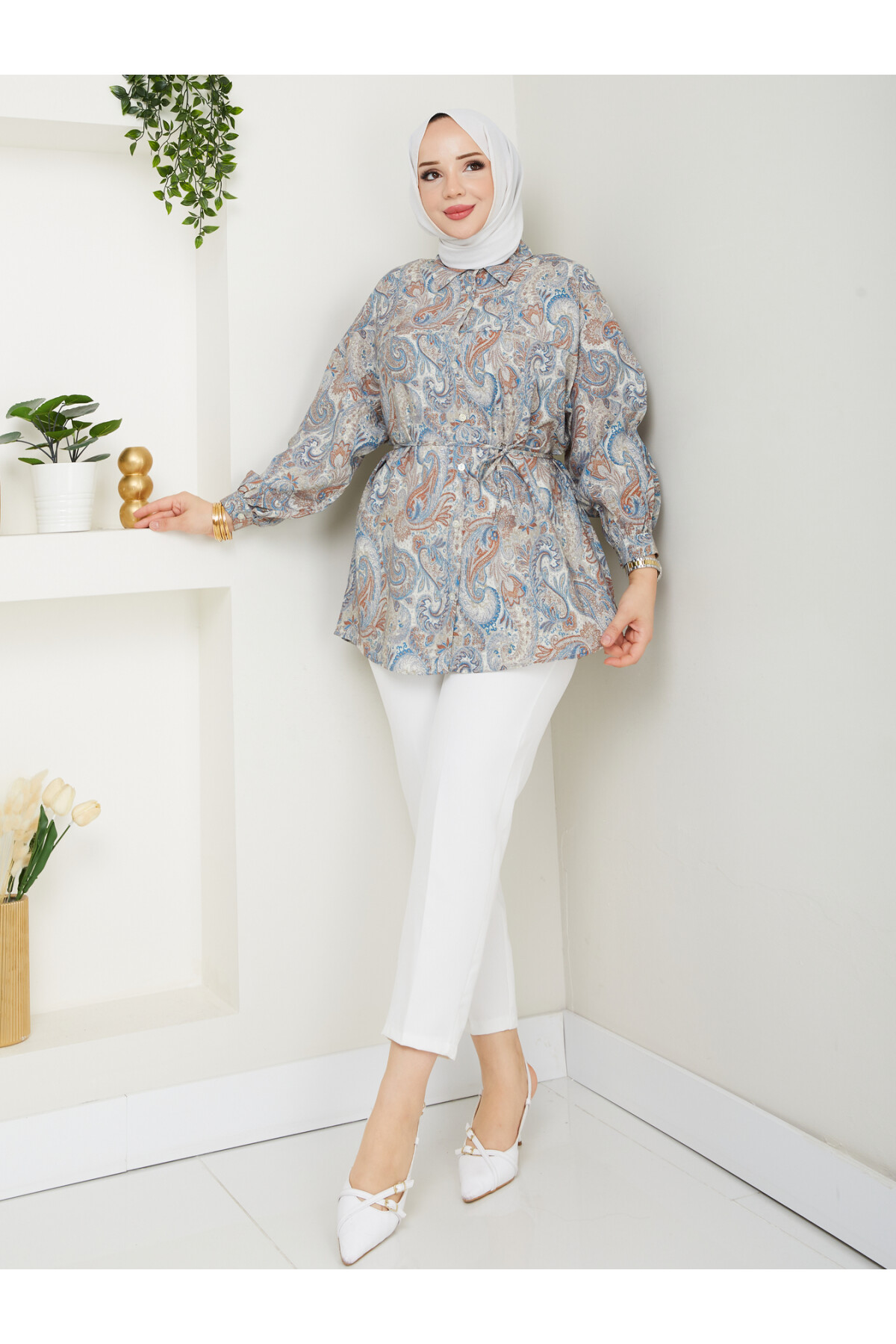 DESENLİ LİLYUM GÖMLEK-KREM