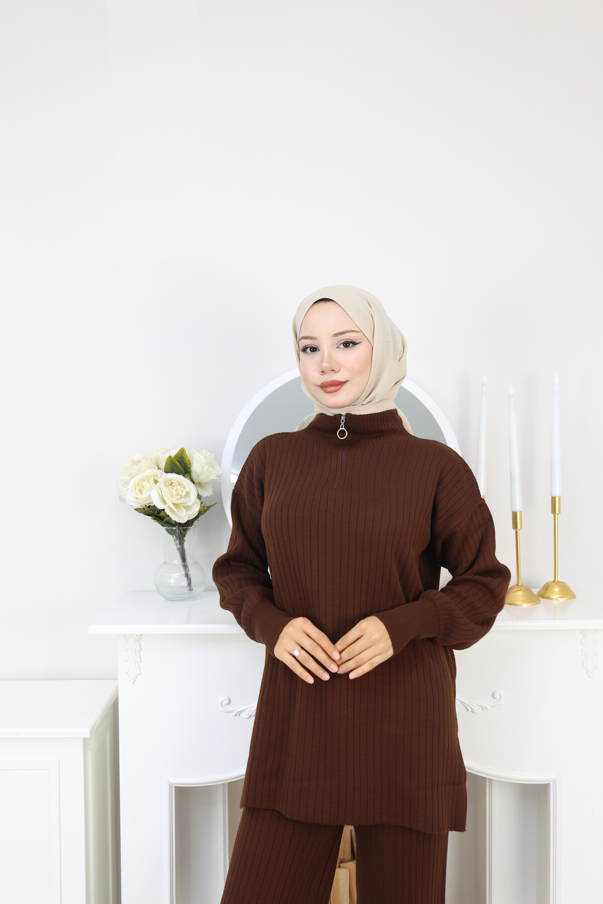 FERMUAR DETAY TRİKO TAKIM - ACI KAHVE