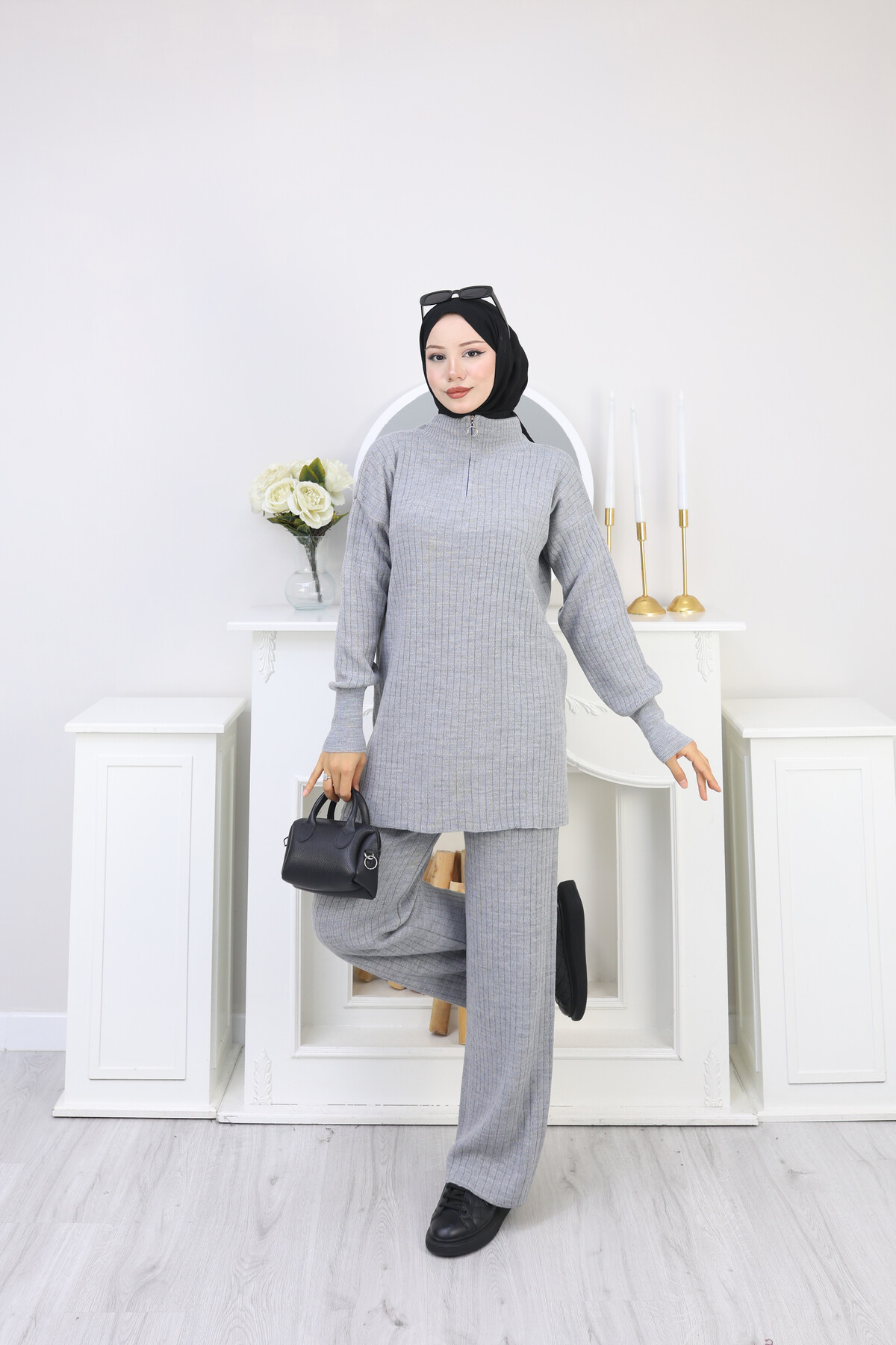 FERMUAR DETAY TRİKO TAKIM - GRİ