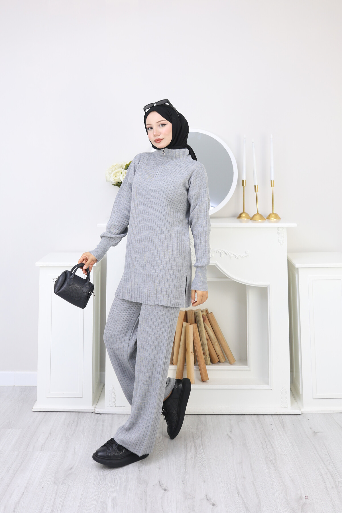 FERMUAR DETAY TRİKO TAKIM - GRİ