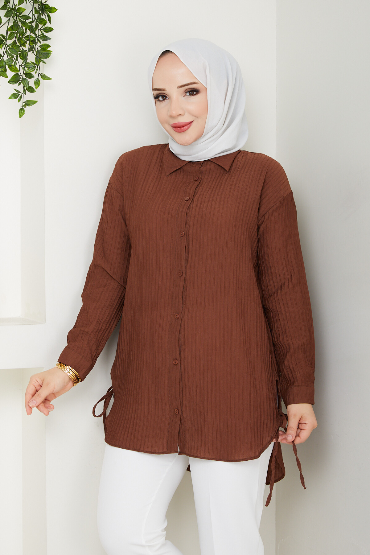 FİTİLLİ YANLARI İPLİ GÖMLEK-ACI KAHVE