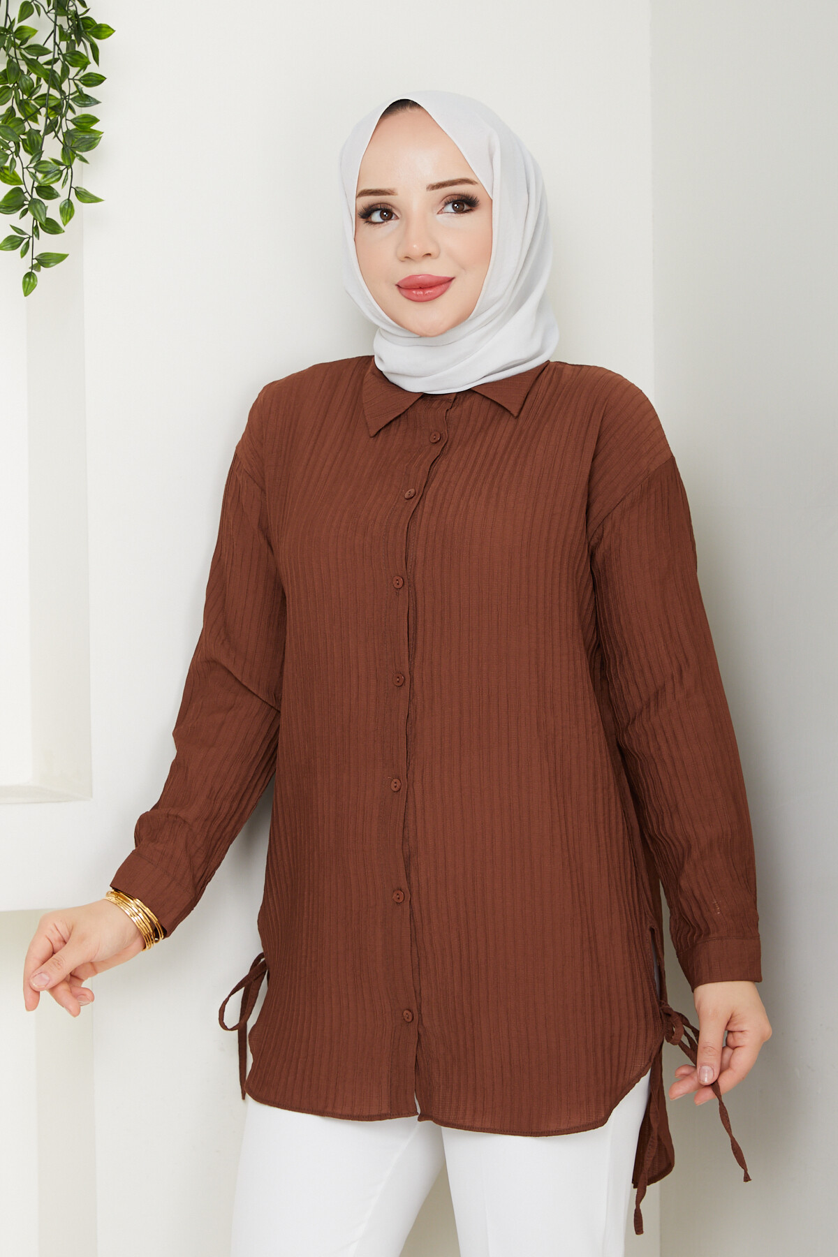 FİTİLLİ YANLARI İPLİ GÖMLEK-ACI KAHVE