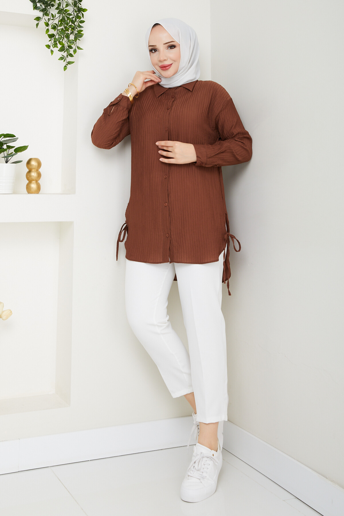 FİTİLLİ YANLARI İPLİ GÖMLEK-ACI KAHVE