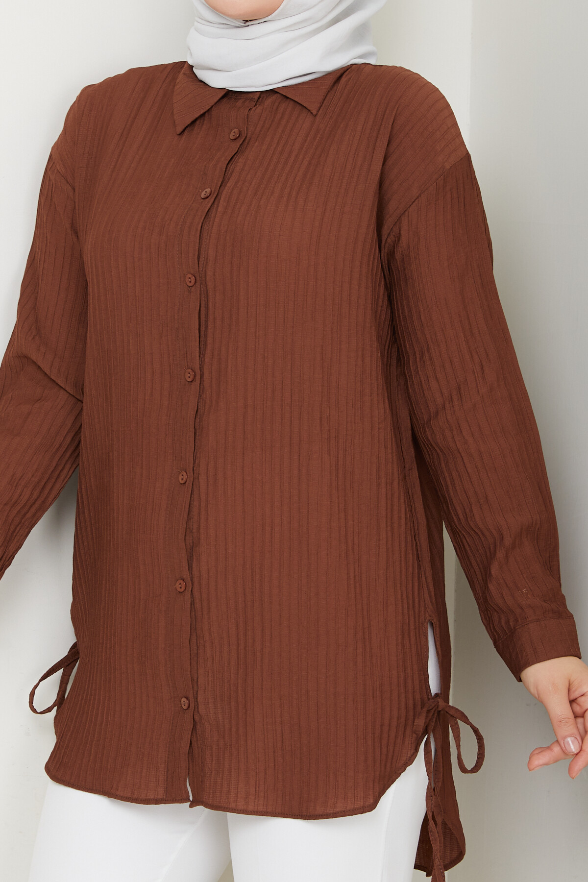 FİTİLLİ YANLARI İPLİ GÖMLEK-ACI KAHVE