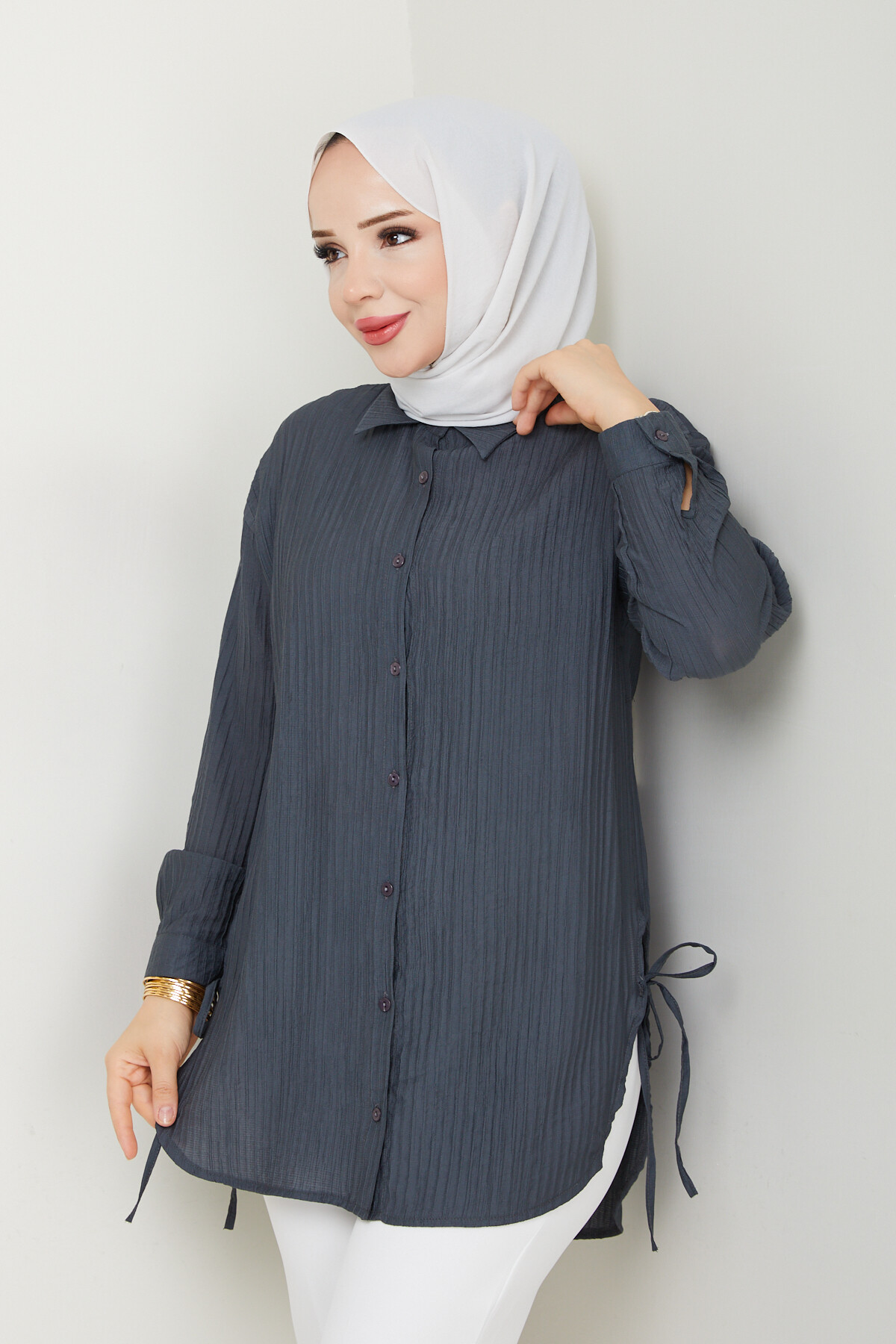 FİTİLLİ YANLARI İPLİ GÖMLEK-ANTRASİT