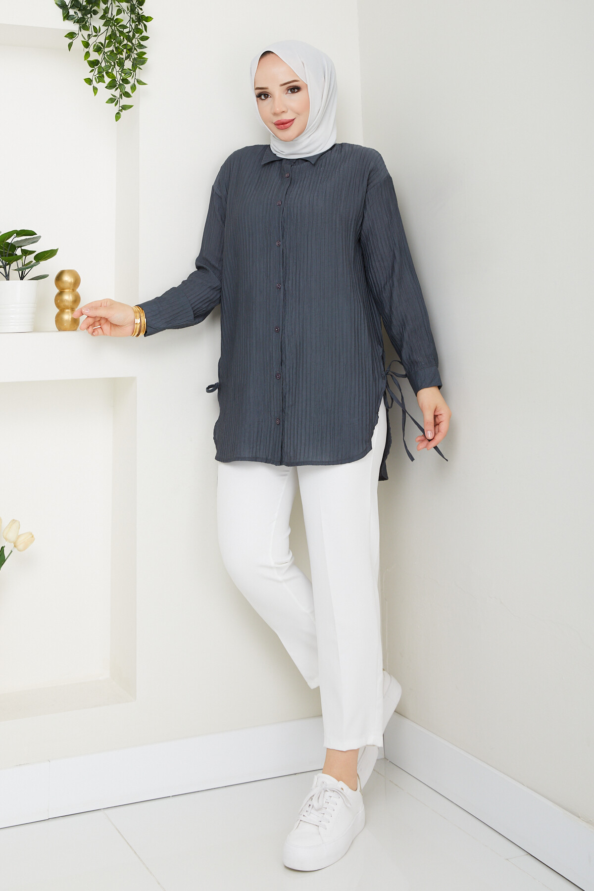 FİTİLLİ YANLARI İPLİ GÖMLEK-ANTRASİT