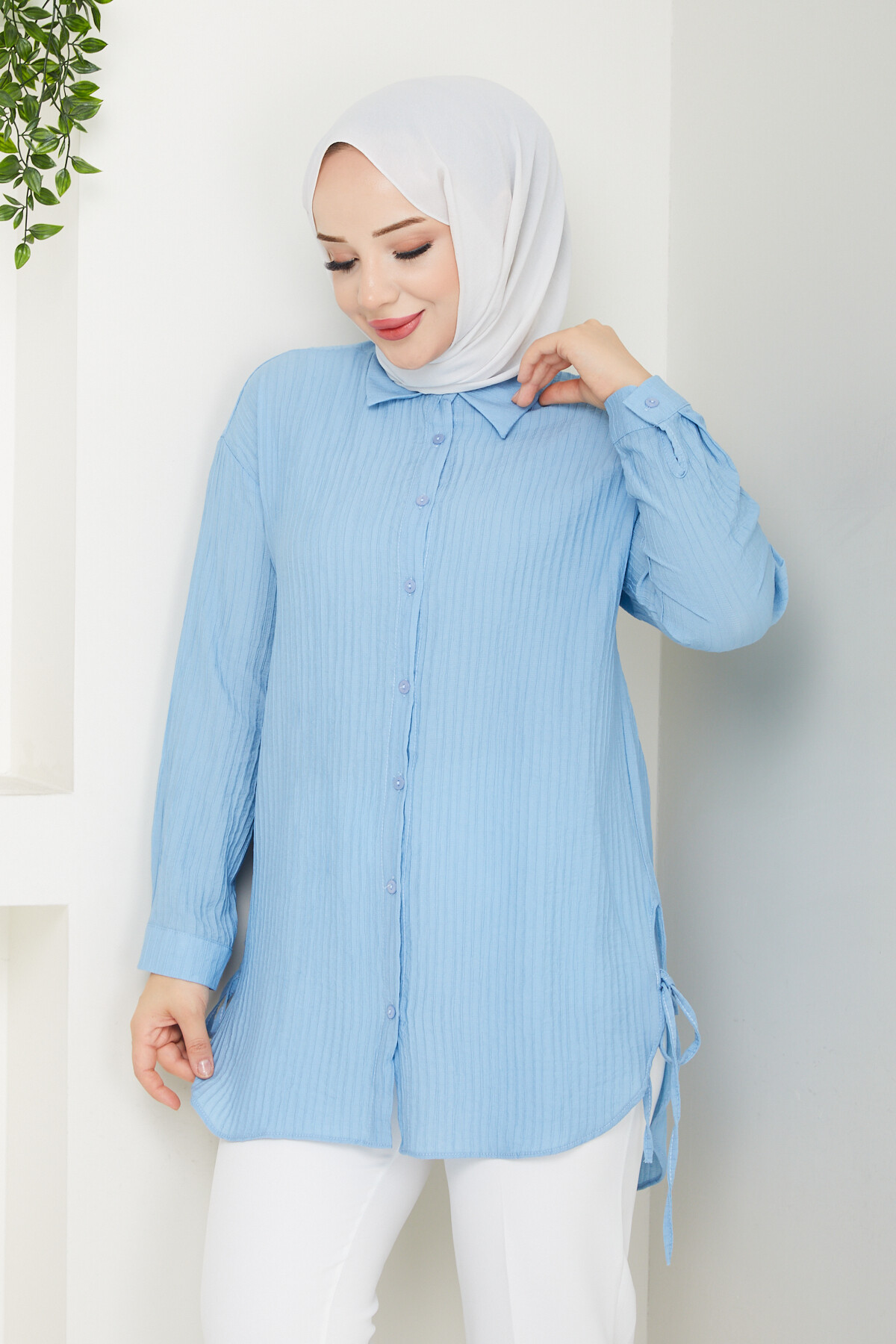 FİTİLLİ YANLARI İPLİ GÖMLEK-BEBE MAVİ