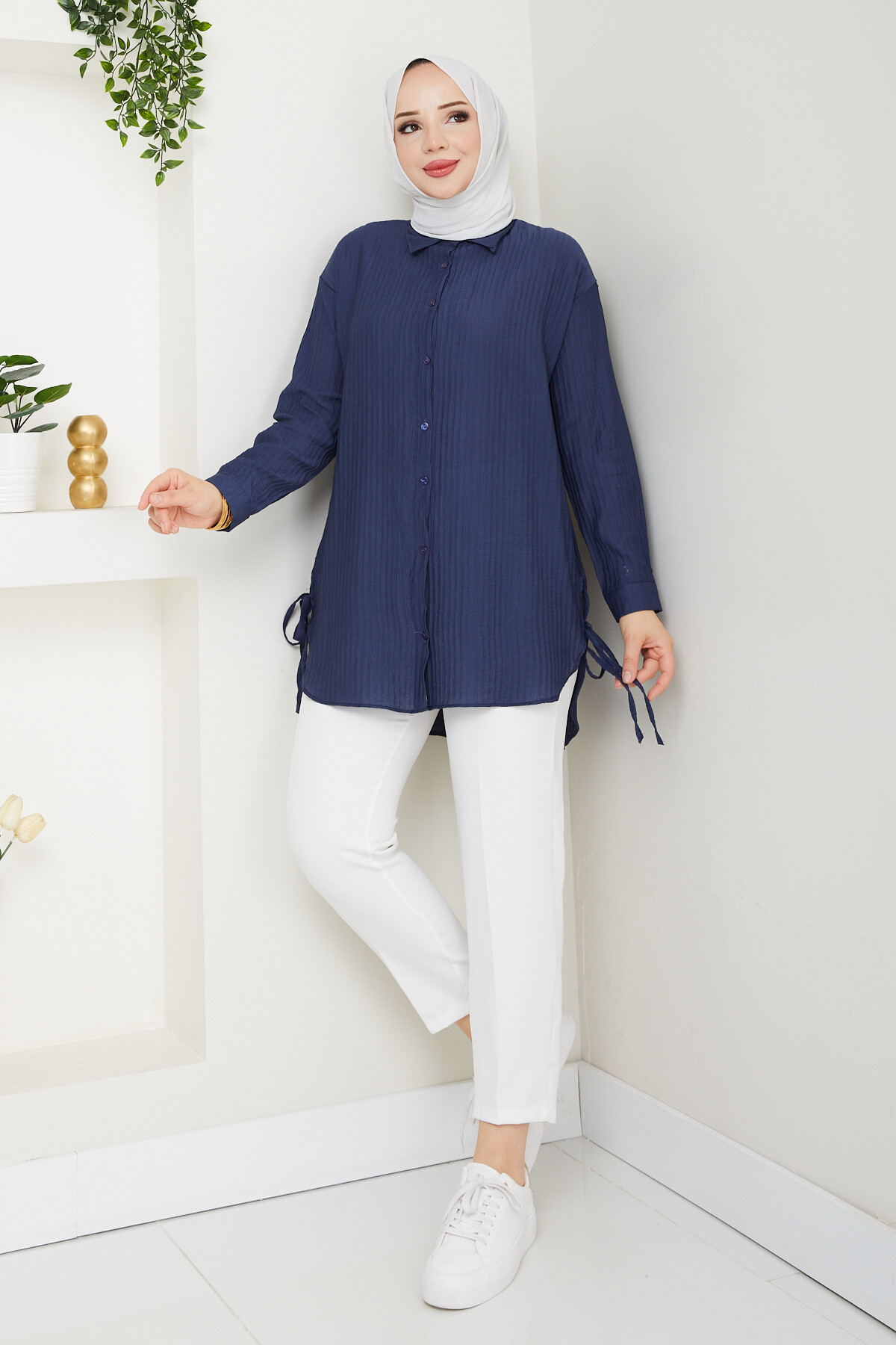 FİTİLLİ YANLARI İPLİ GÖMLEK-LACİVERT