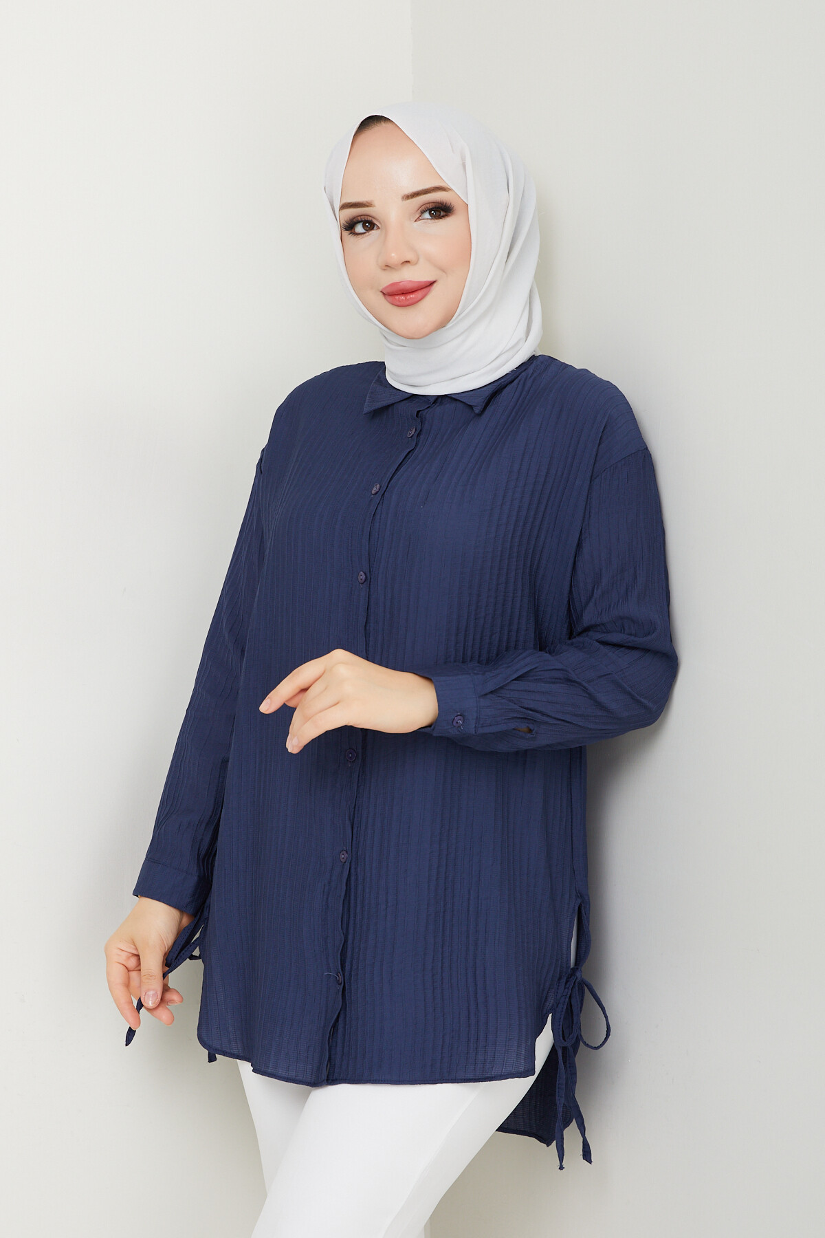 FİTİLLİ YANLARI İPLİ GÖMLEK-LACİVERT