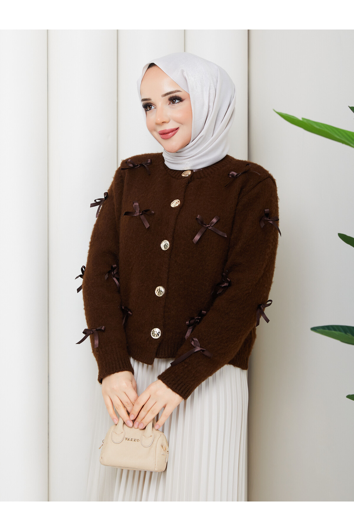 FİYONKLU TRİKO HIRKA ETEK KOMBİN - ACI KAHVE