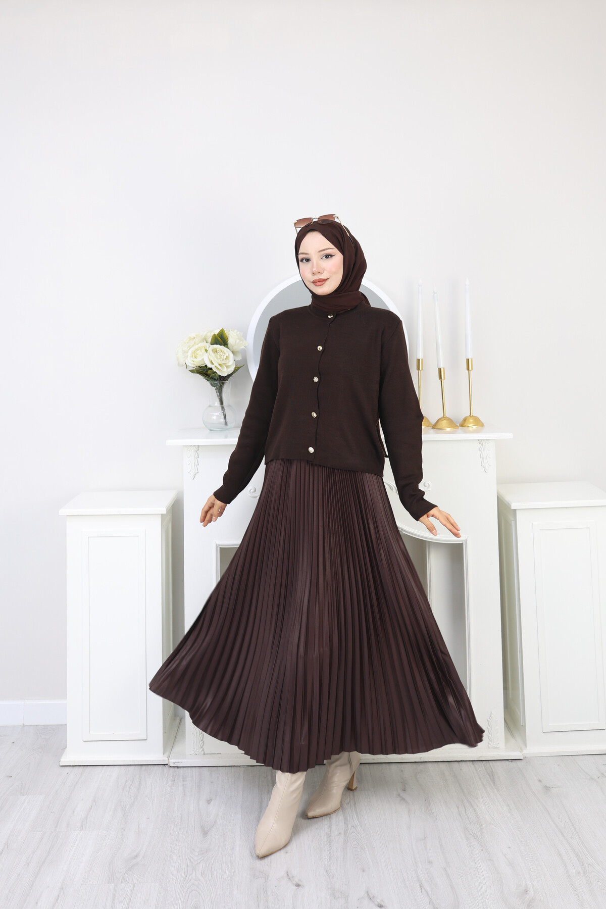 GOLD DÜĞME TRİKO HIRKA KOMBİN -ACI KAHVE