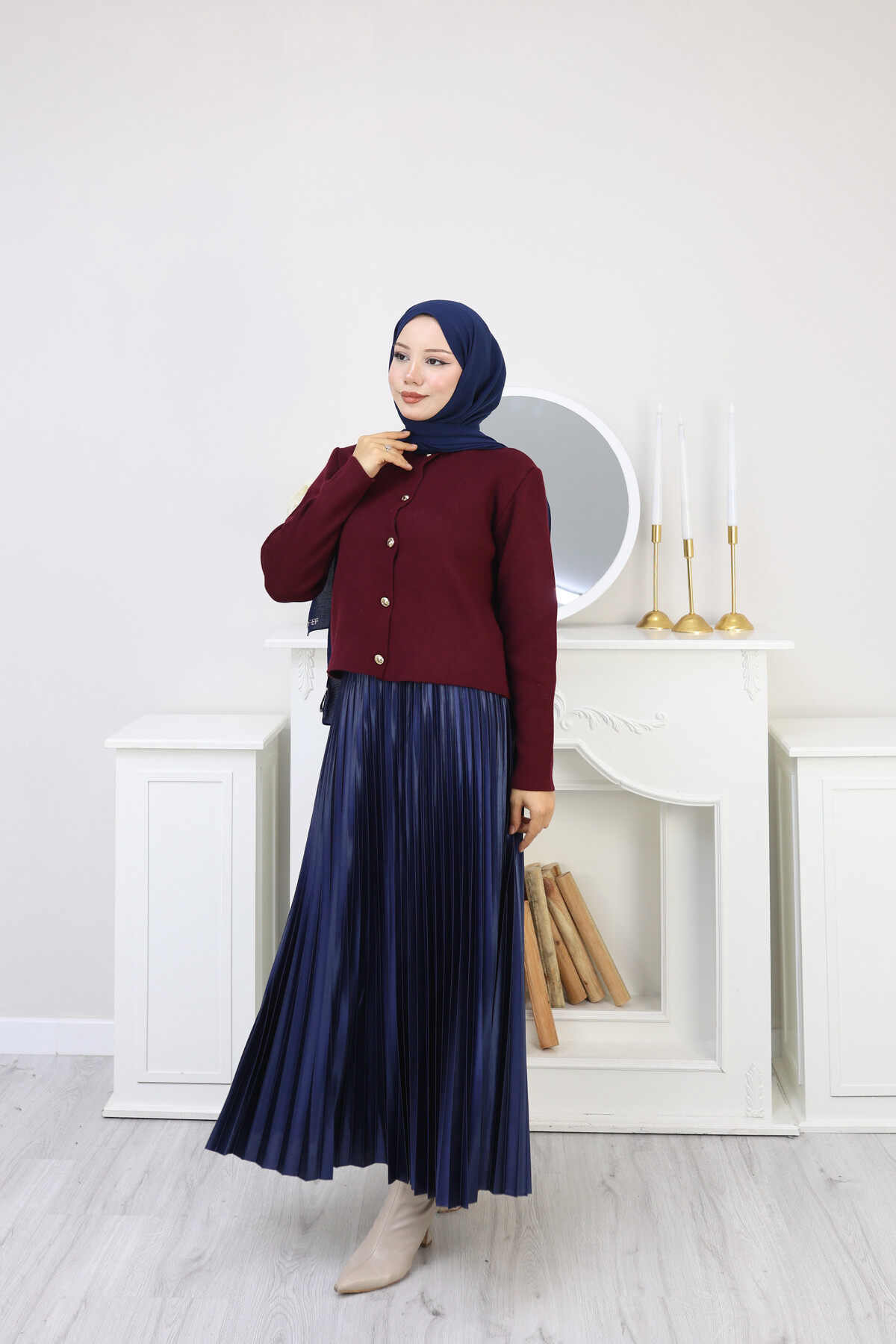 GOLD DÜĞME TRİKO HIRKA KOMBİN -BORDO