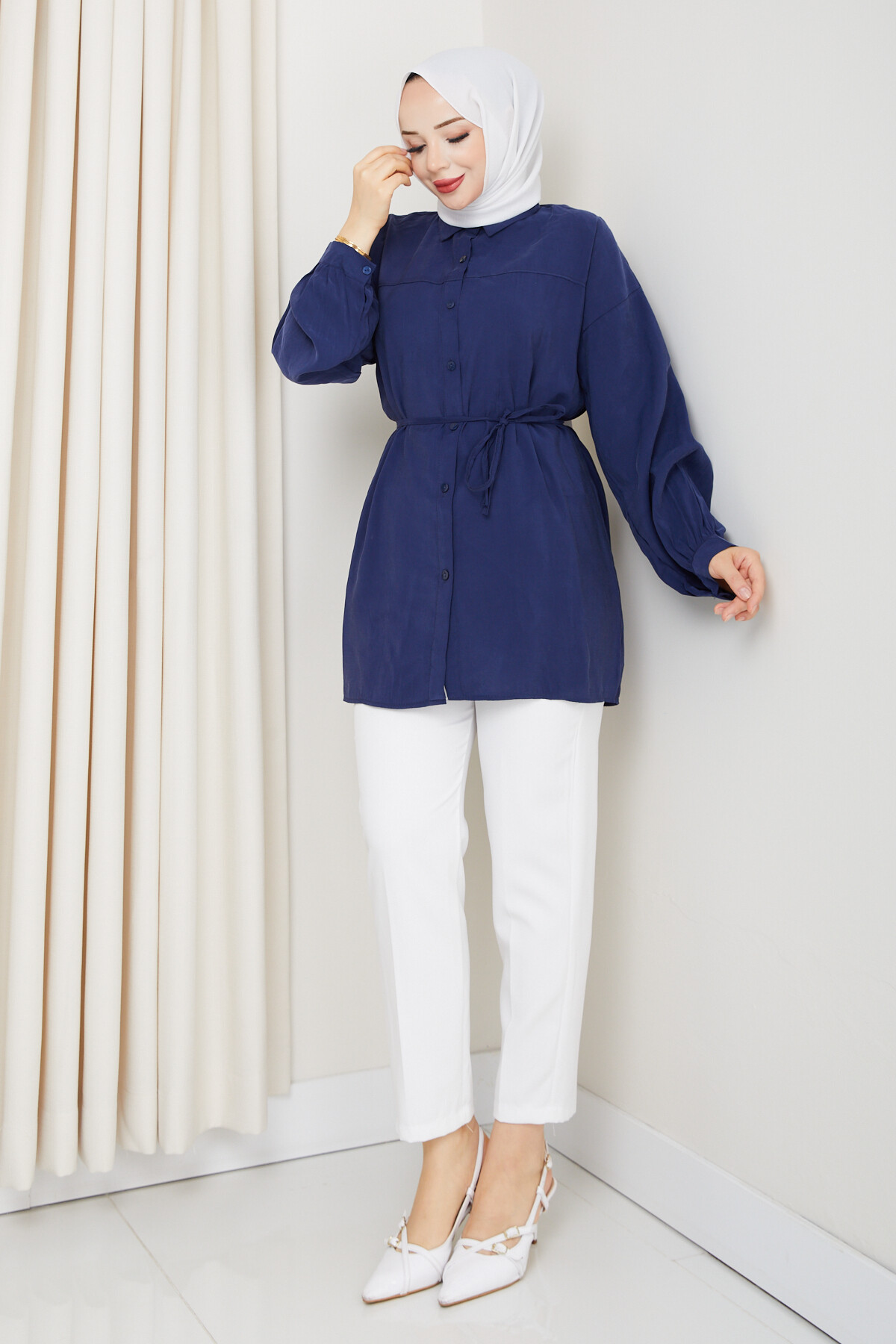 İP BAĞLAMALI MODAL GÖMLEK-LACİVERT