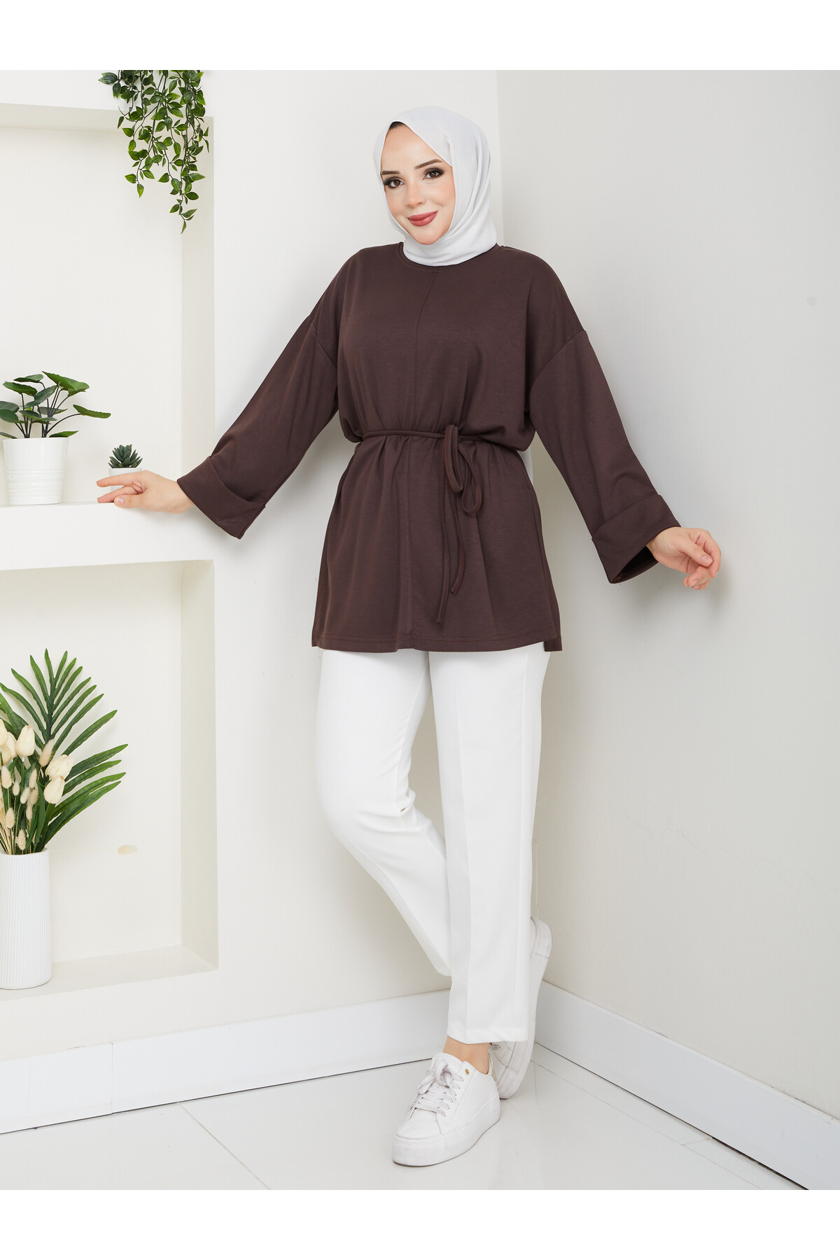 İP BAĞLAMALI  OYSHO YIRTMAÇLI TÜNİK - ACI KAHVE