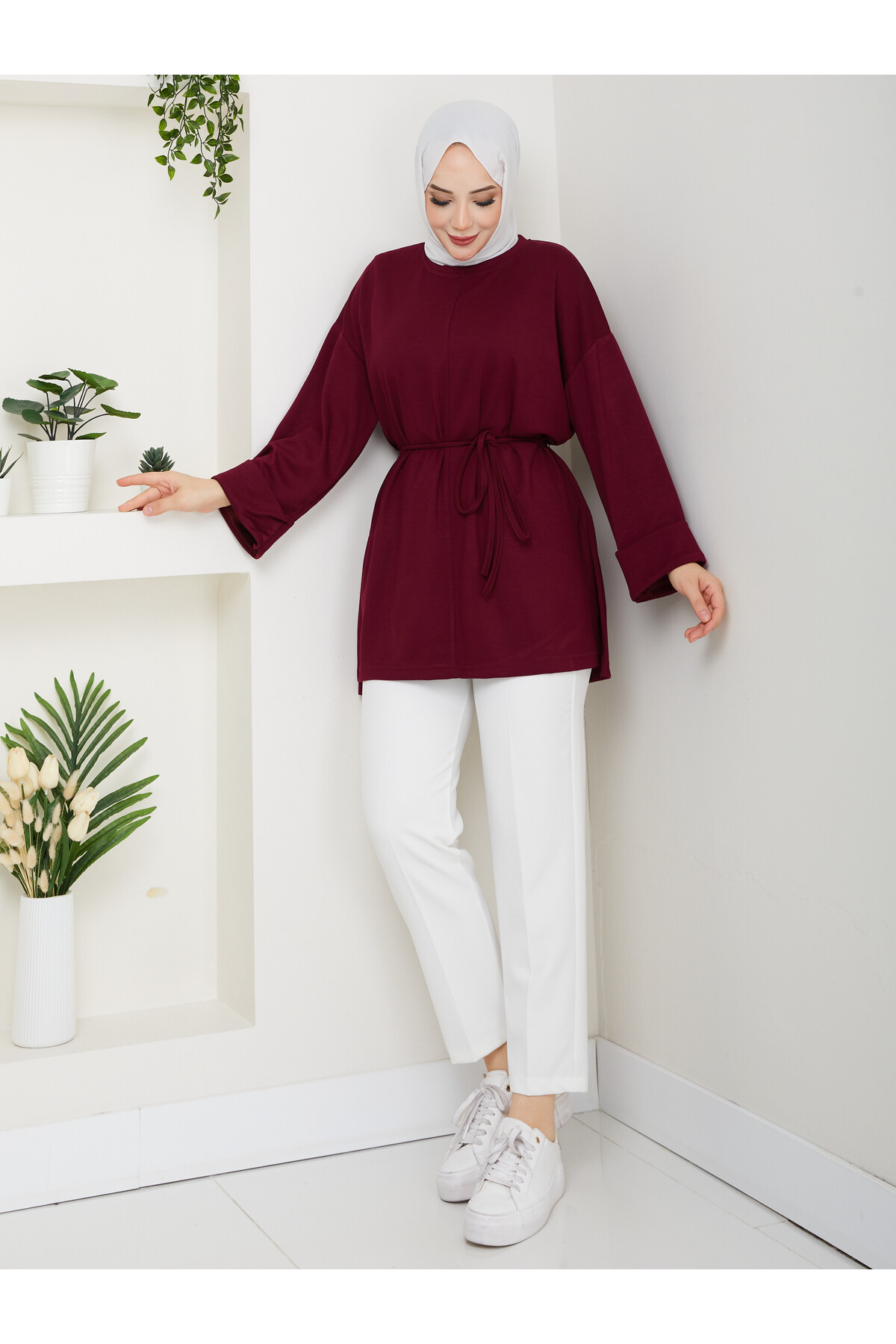 İP BAĞLAMALI  OYSHO YIRTMAÇLI TÜNİK -BORDO