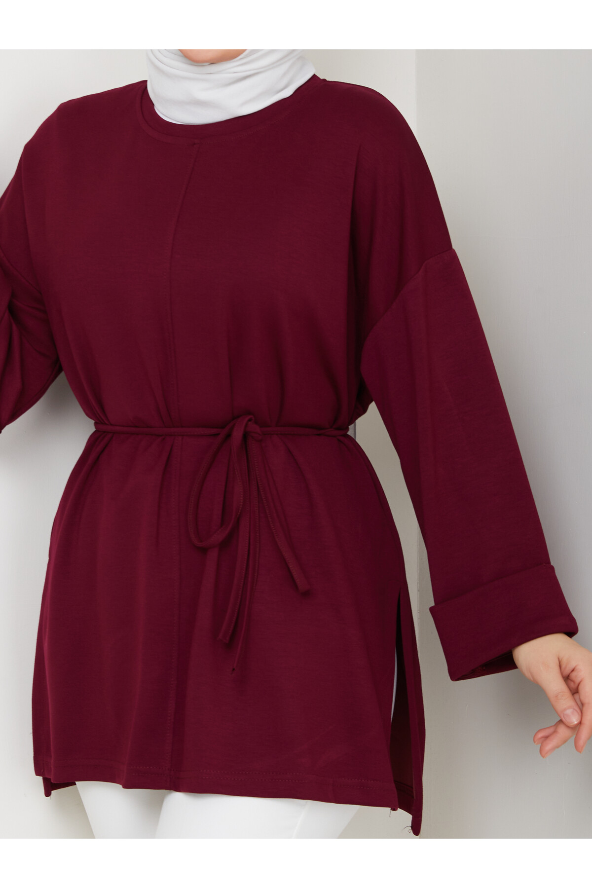 İP BAĞLAMALI  OYSHO YIRTMAÇLI TÜNİK -BORDO