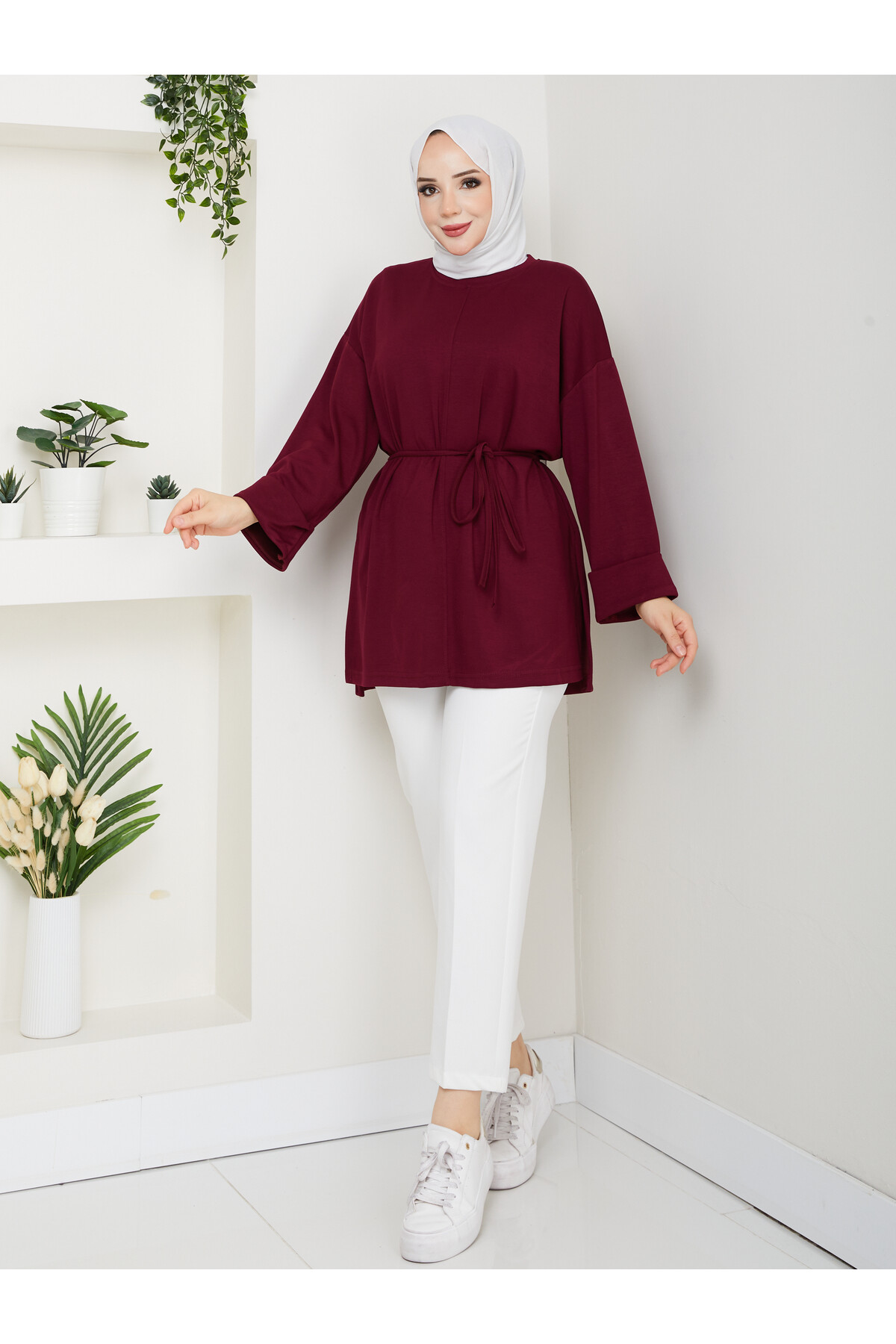 İP BAĞLAMALI  OYSHO YIRTMAÇLI TÜNİK -BORDO