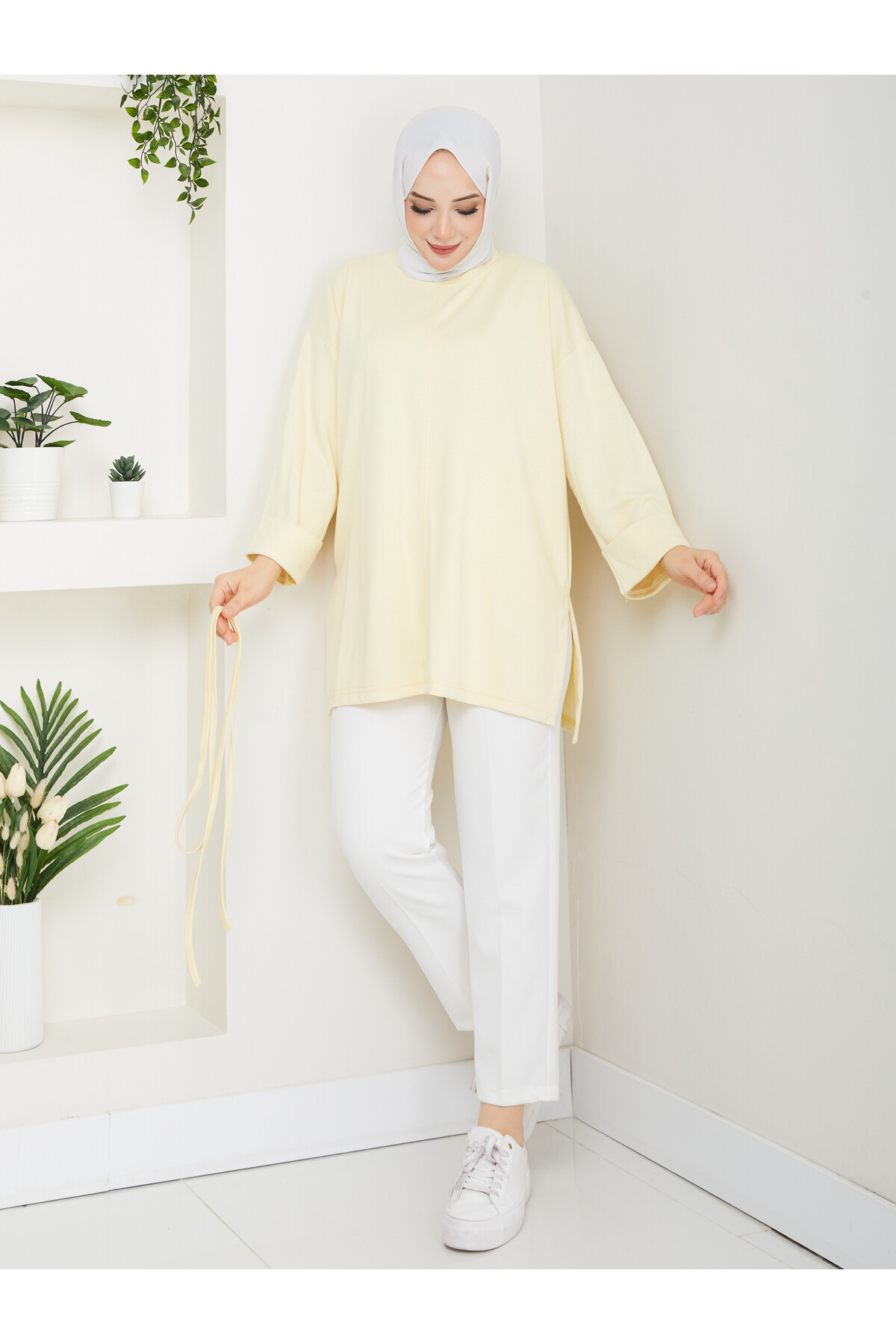 İP BAĞLAMALI  OYSHO YIRTMAÇLI TÜNİK -SARI