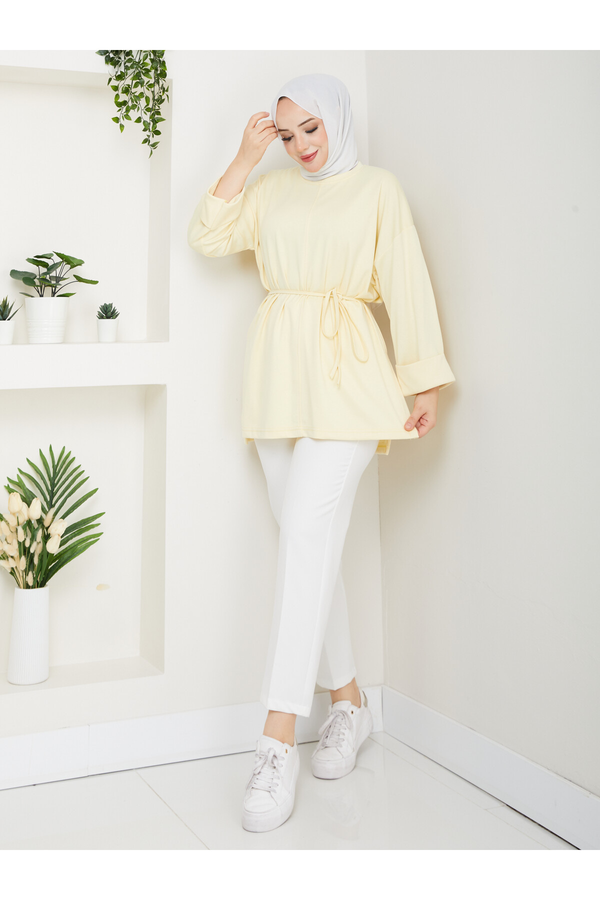 İP BAĞLAMALI  OYSHO YIRTMAÇLI TÜNİK -SARI