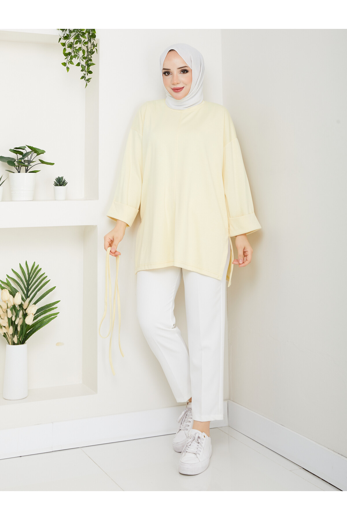 İP BAĞLAMALI  OYSHO YIRTMAÇLI TÜNİK -SARI